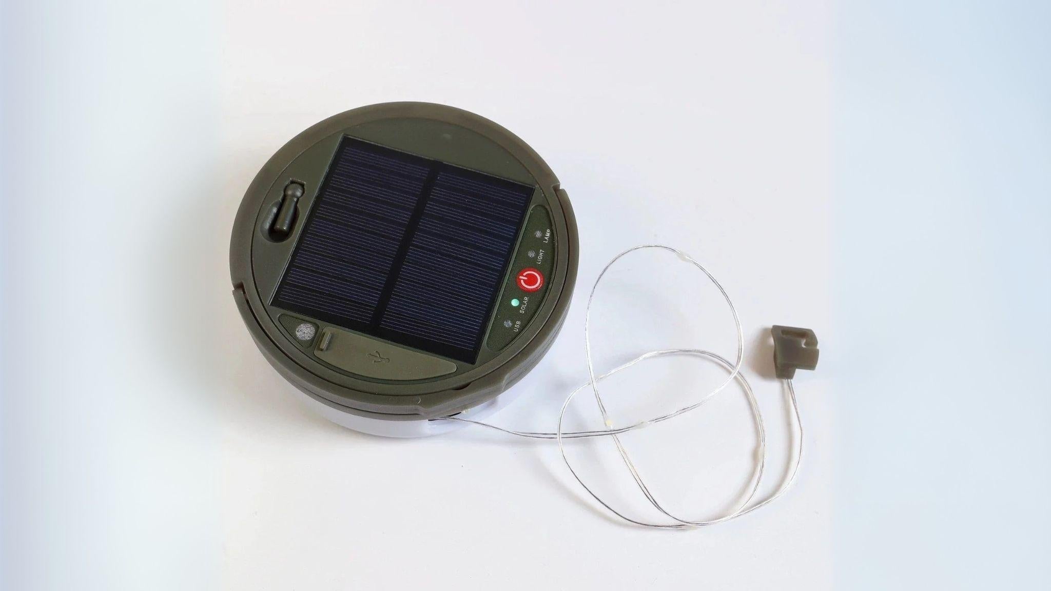 32ft Waterproof Retractable LED Light & Power Bank with solar panel and retractable LED strip for portable outdoor use.