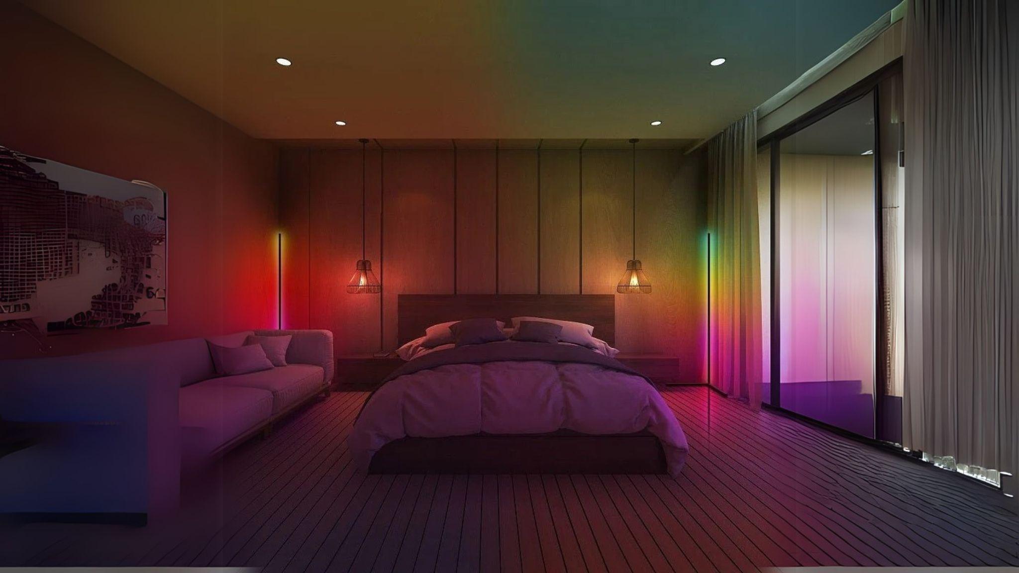 RGBCW Corner Floor Lamps (2-Pack) illuminating bedroom corners with vibrant RGB colors and modern minimalist design.