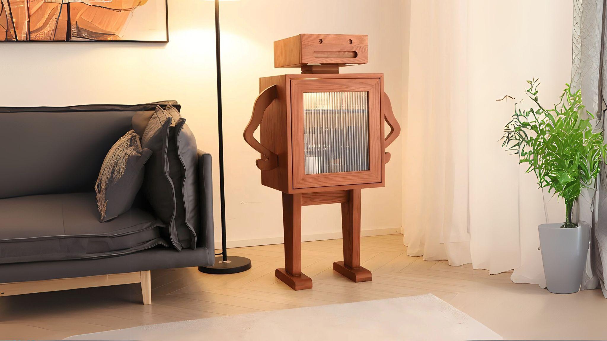 Robot Storage Cabinet in wood with robot design and glass door, perfect for unique modern home storage.
