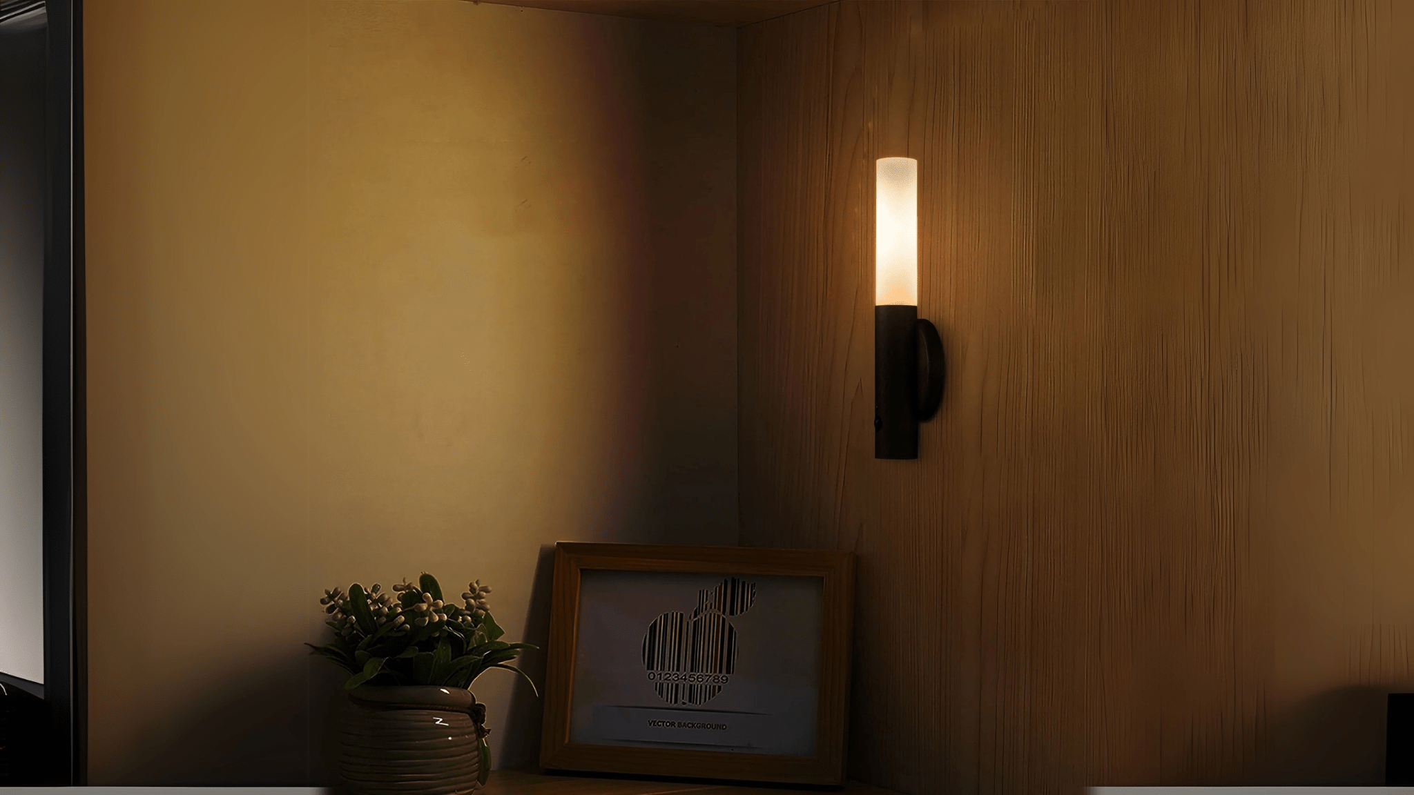 Motion Sensor Wall Sconce, Rechargeable & Portable, mounted on wall providing soft, motion-activated lighting without wiring.