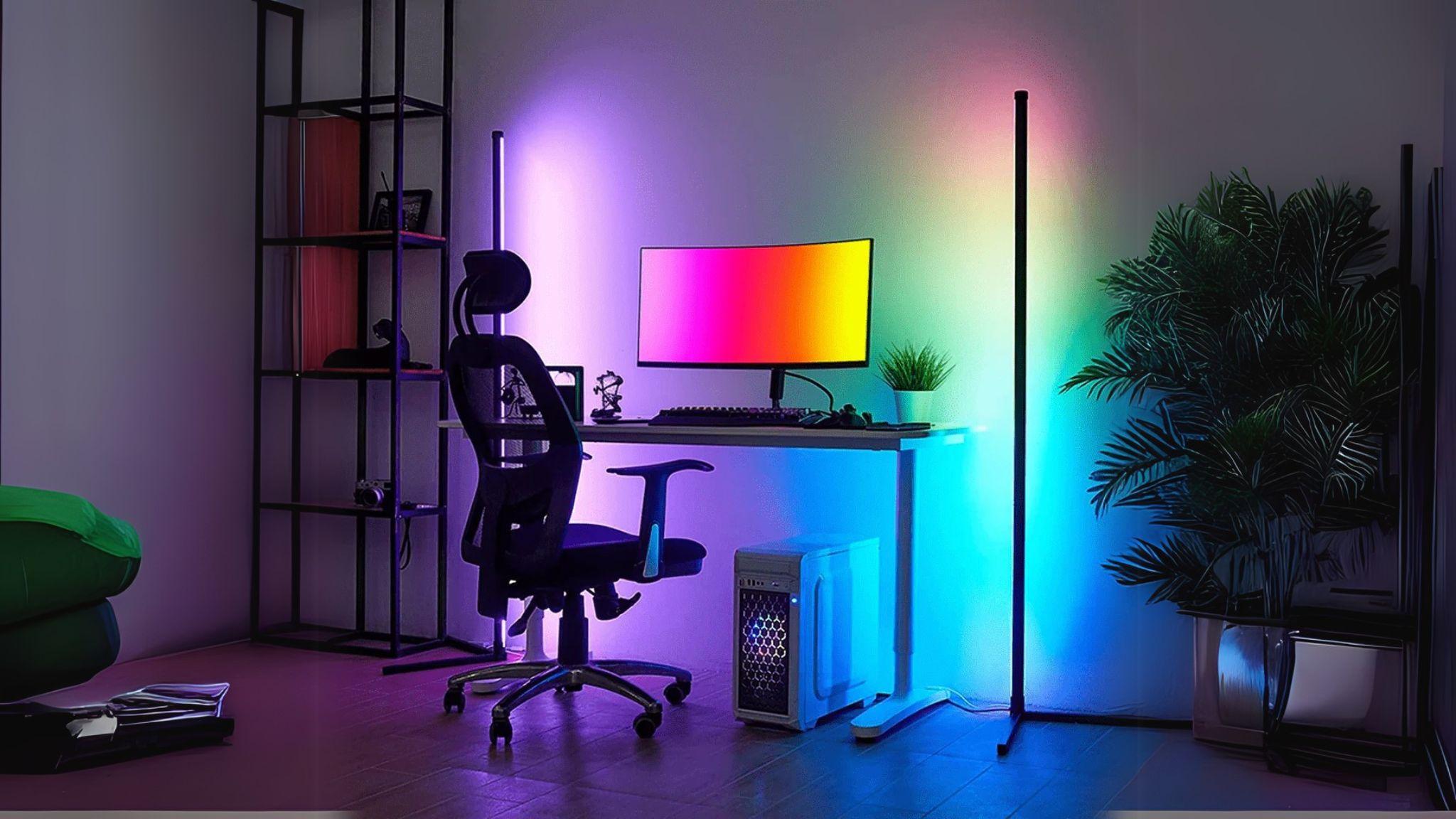 RGBCW Corner Floor Lamp illuminating a modern workspace with vibrant RGB lighting and sleek minimalist design.