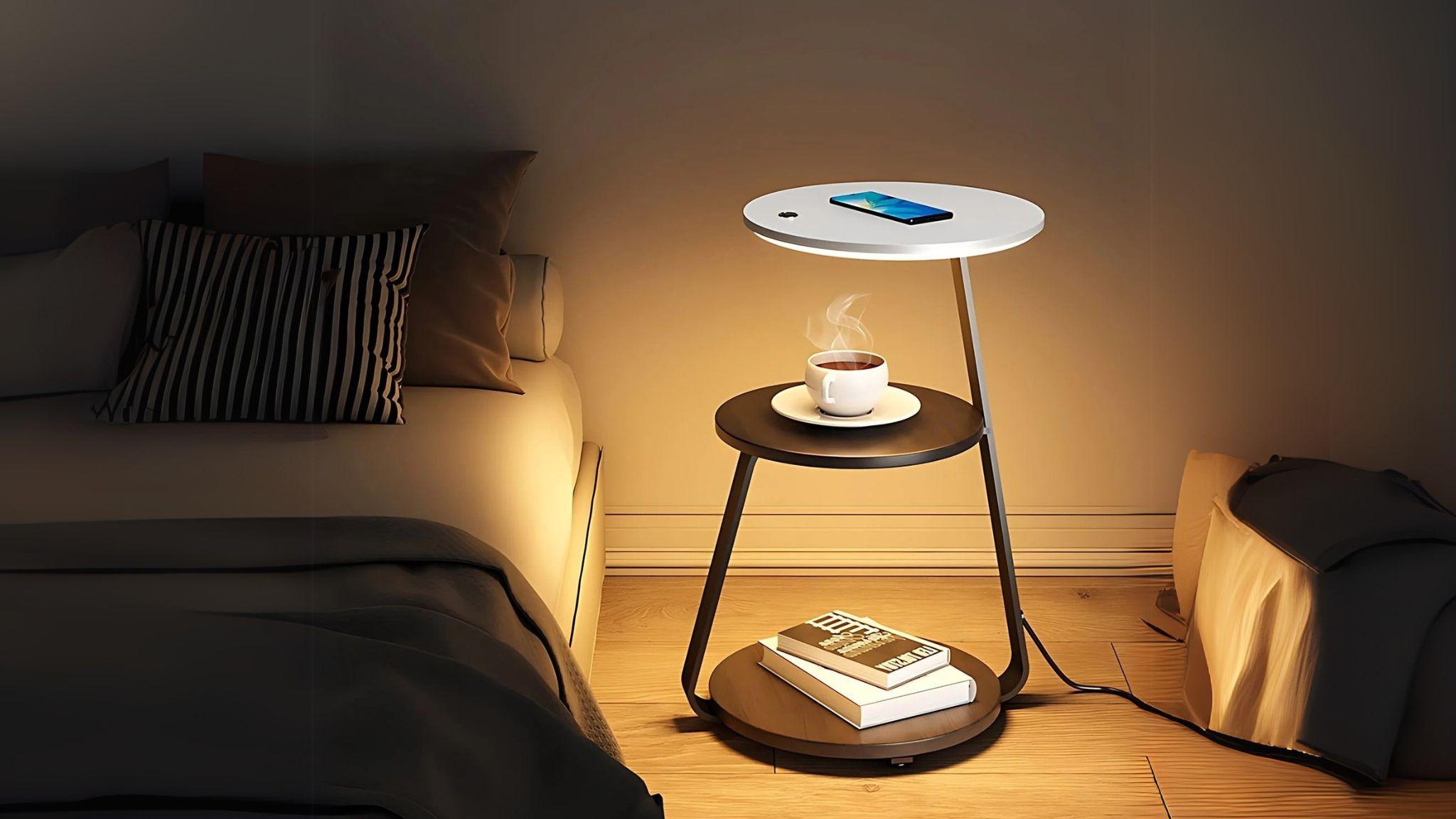 Wireless Charging LED Nightstand with sleek design, dimmable LED lamp, and convenient wireless phone charging by bedside.
