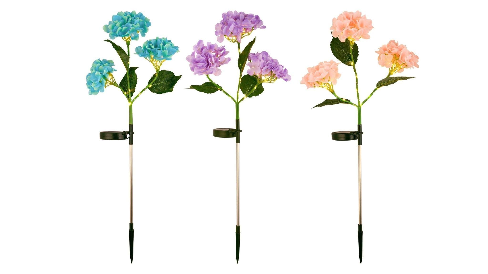 Solar Powered Hydrangea Pathway Light with realistic flowers, solar panel, and warm LED lights for garden pathways.