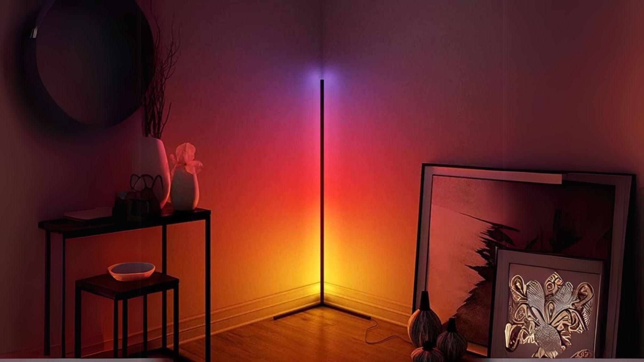 RGB Corner Floor Lamp illuminating a room corner with vibrant, customizable ambient colors and sleek minimalist design.