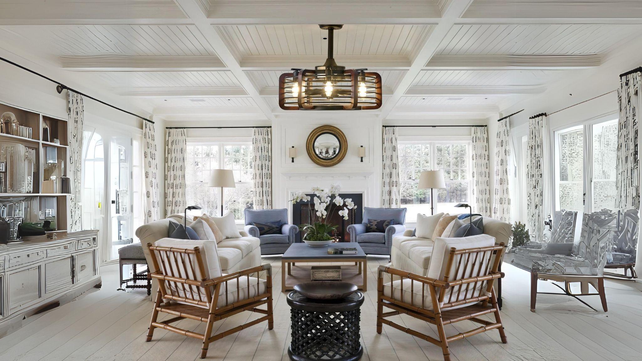 Caged Ceiling Fans with LED Lights featuring rustic farmhouse design, bright LED illumination, and quiet operation in a cozy living room.