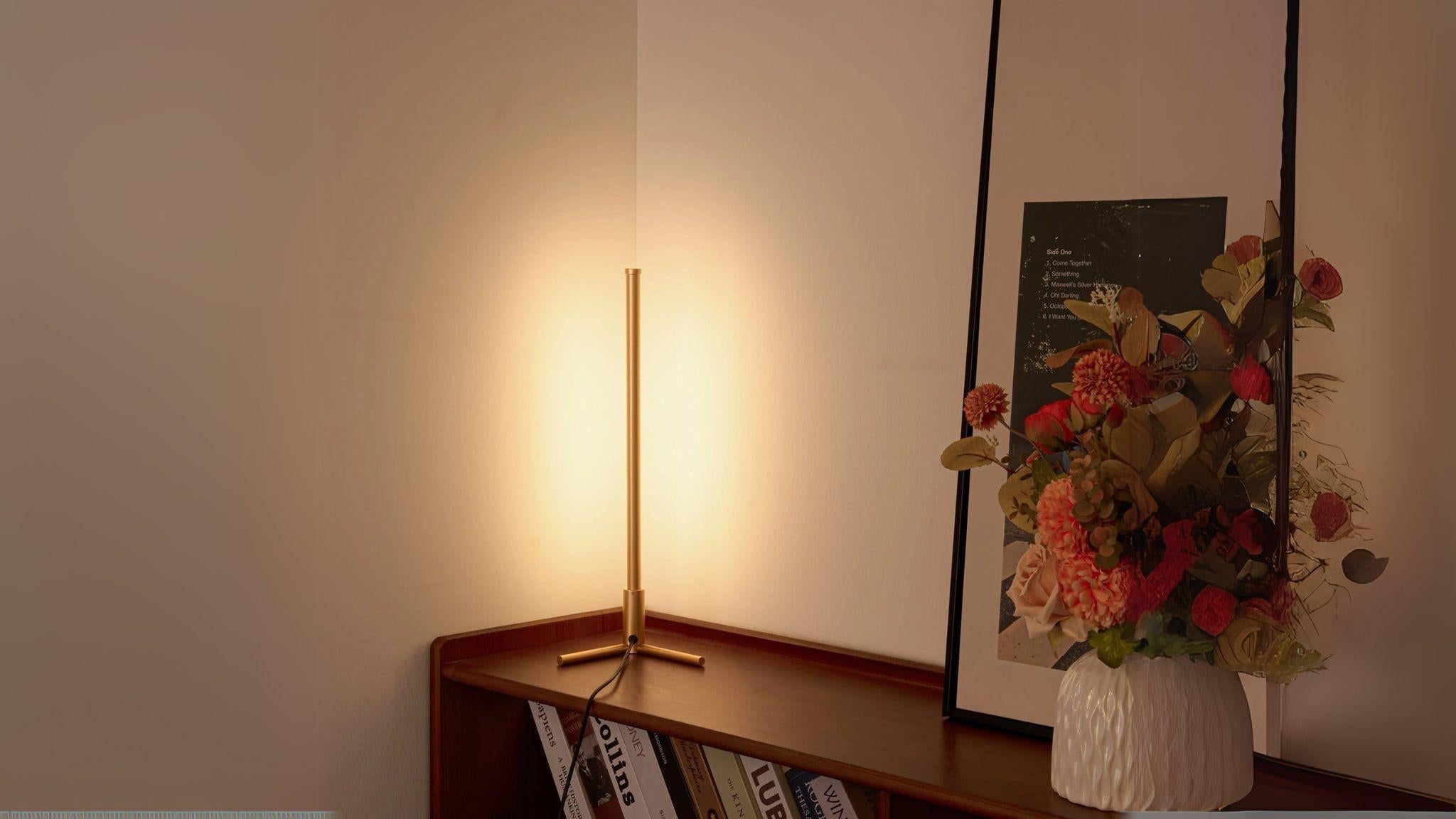 RGBCW Corner Table Lamp - Gold with sleek vertical design and warm light, perfect for modern minimalist corner lighting.