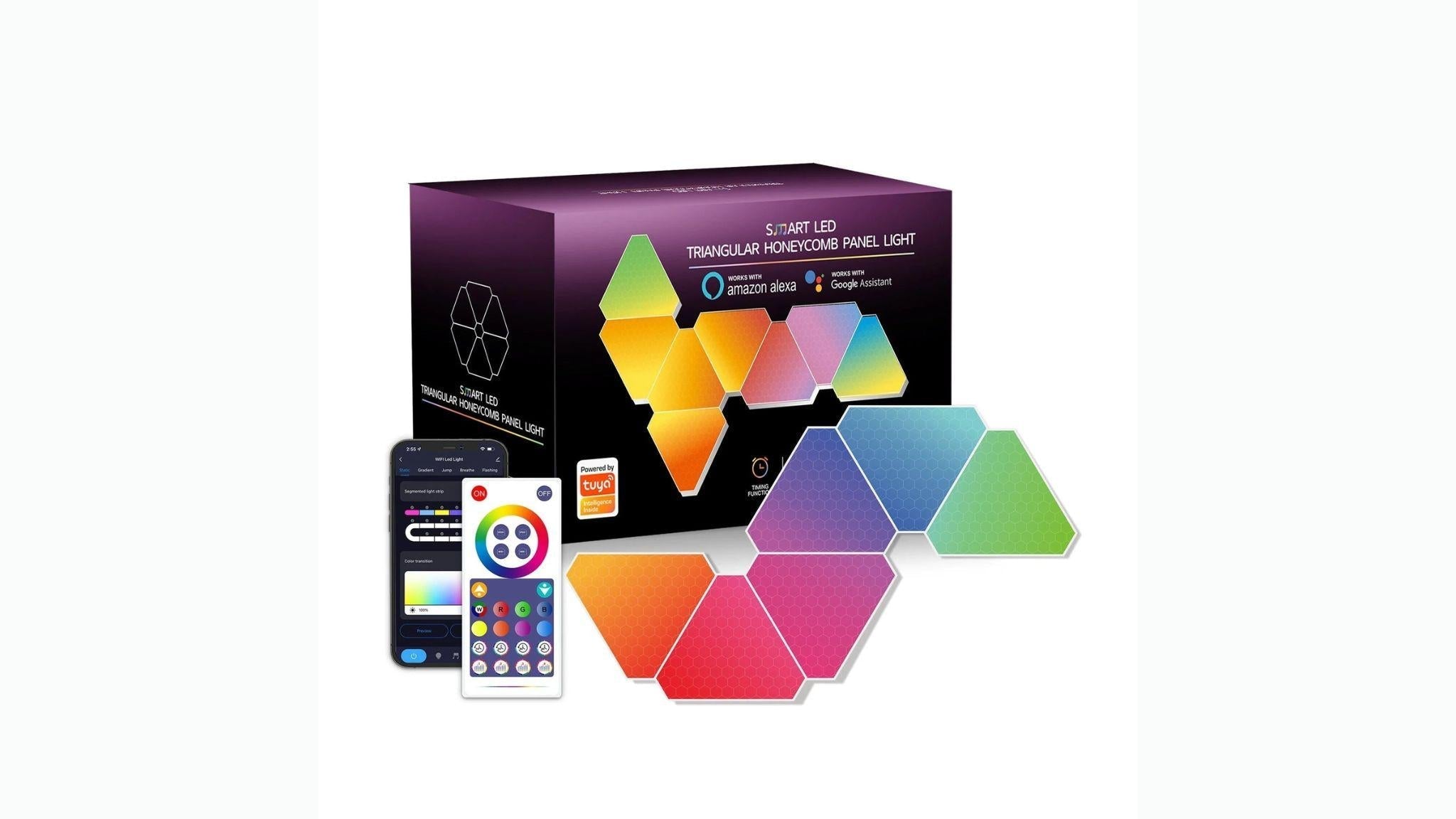 Modular Triangle Smart Wall Light Panels with customizable colors and smart control via Amazon Alexa and Google Assistant.