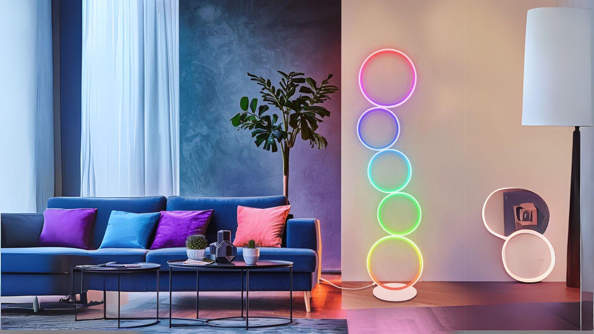 RGB Circle Floor Lamp with vibrant color-changing LED rings, perfect for dynamic indoor and outdoor mood lighting.