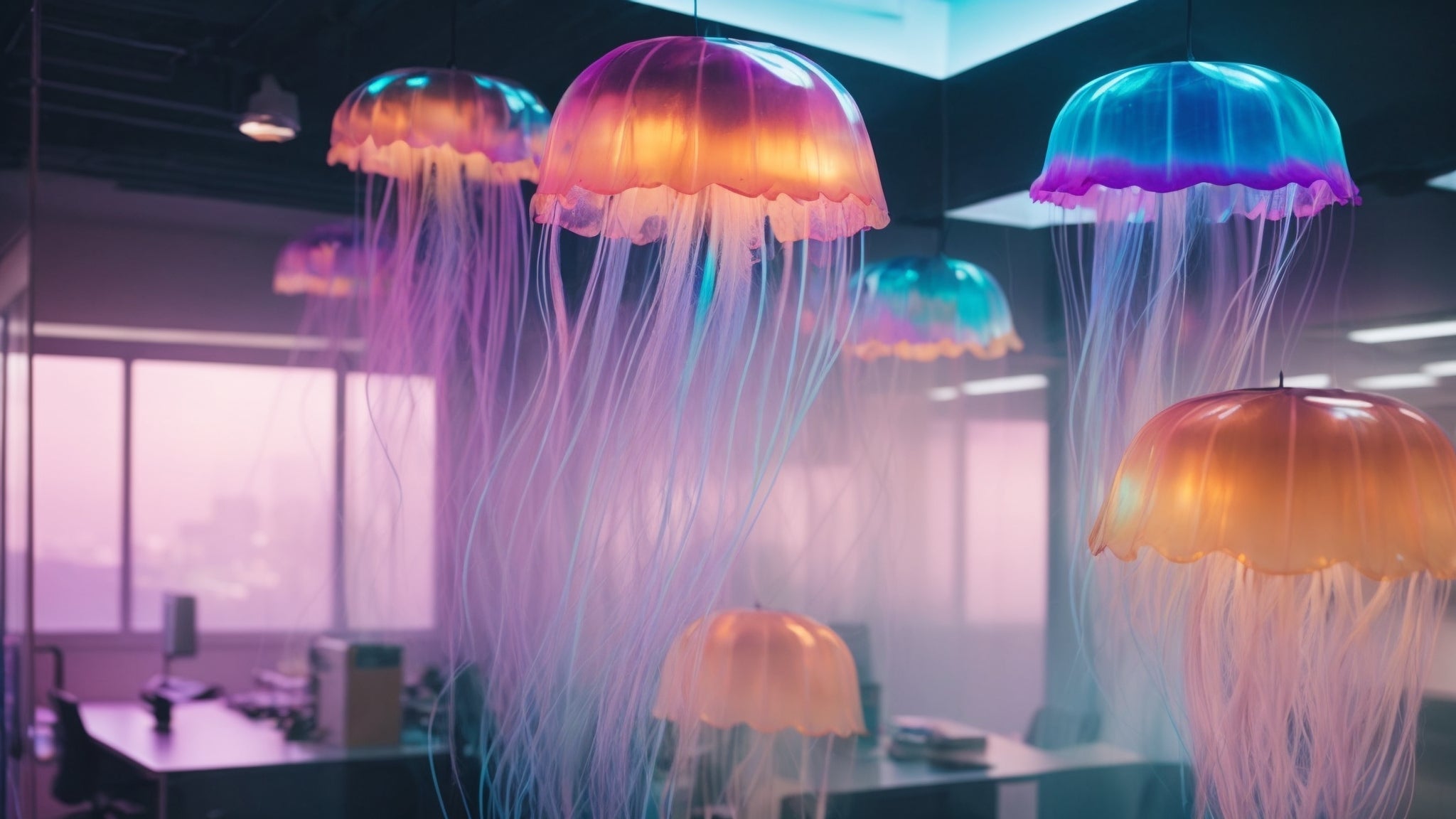 3D Hologram Projection Light displaying a vivid blue jellyfish hologram in a modern office setting.