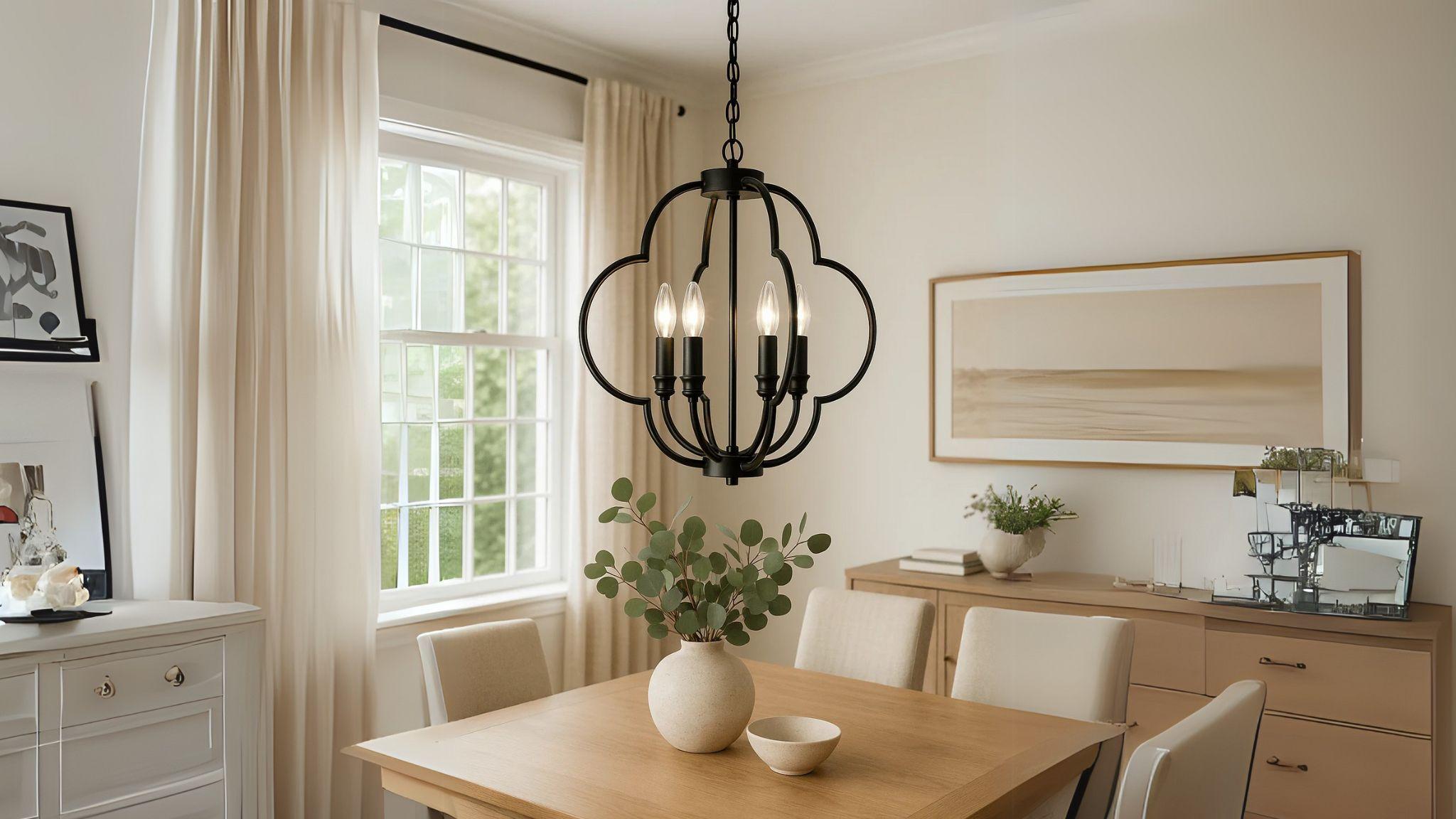 Farmhouse Candle Chandelier Light Fixture hanging over rustic dining table with warm natural decor.