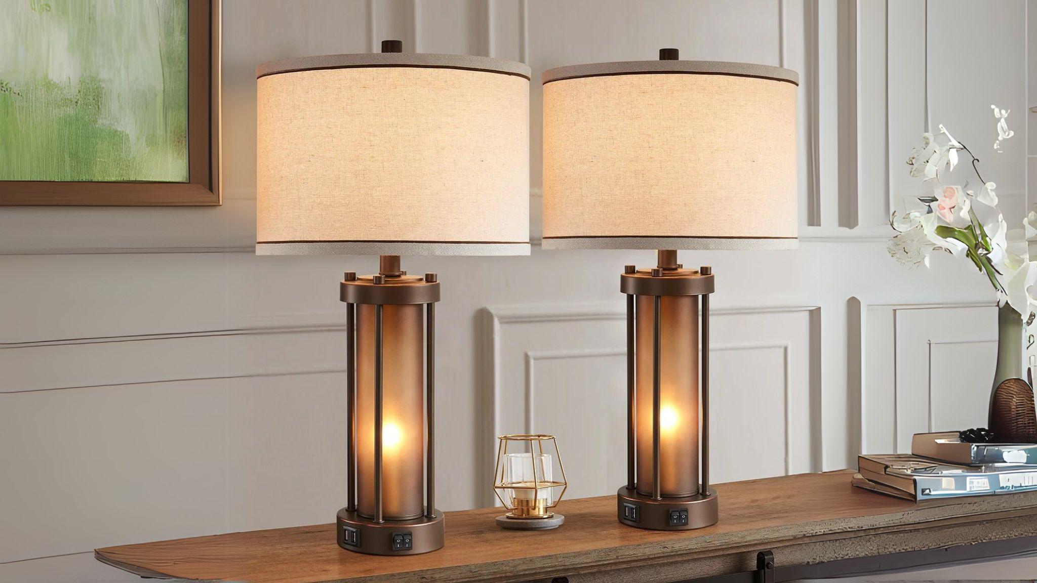 25" Lamp Set with Night Light & USB Ports featuring bronze matching table lamps with dual USB charging and independent light switches.