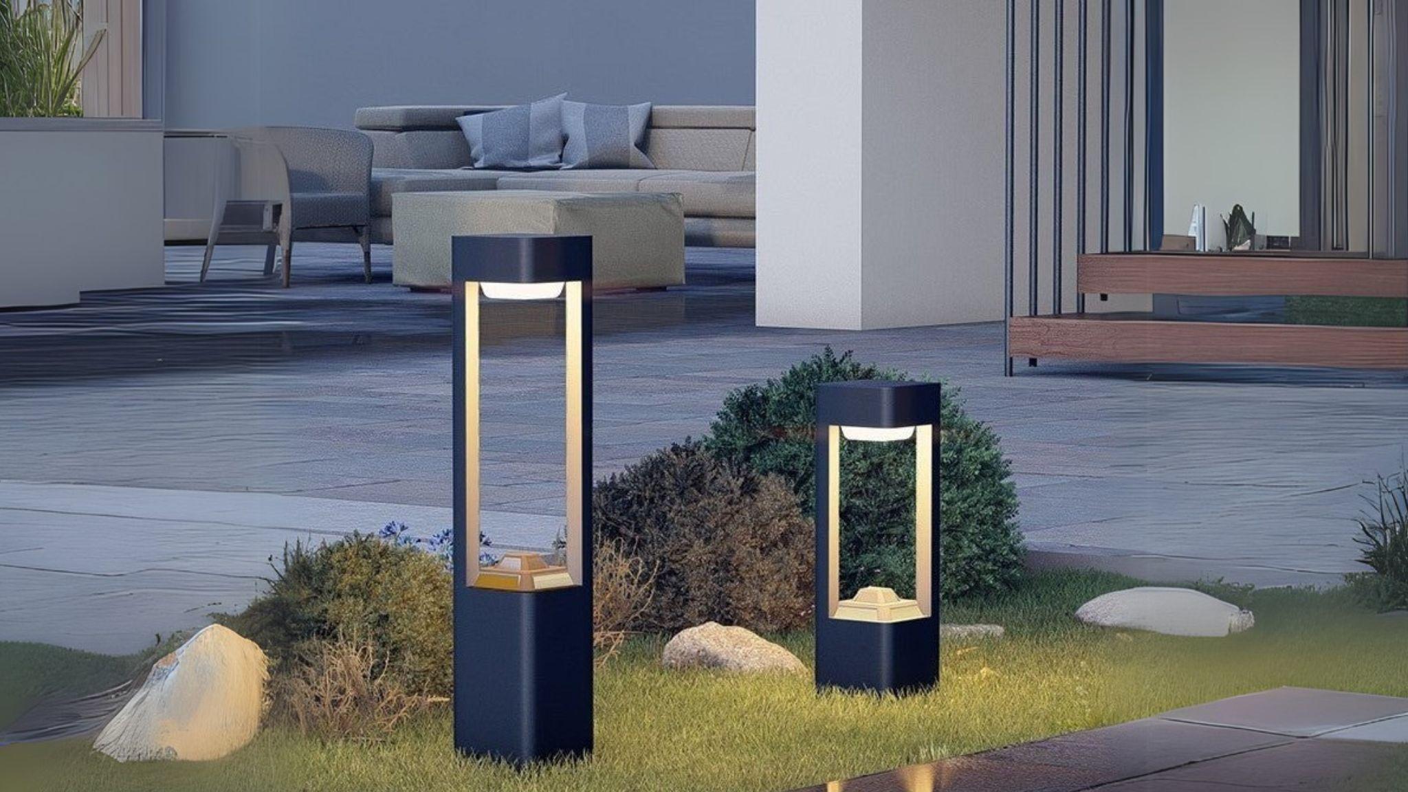 Solar Powered Outdoor Landscaping Path Lights illuminating a modern garden pathway with warm, eco-friendly lighting.