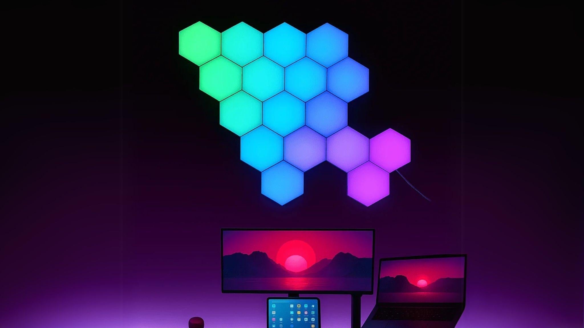 Touch Sensitive Modular Wall Lights in colorful hexagonal design, perfect for customizable modern home lighting.