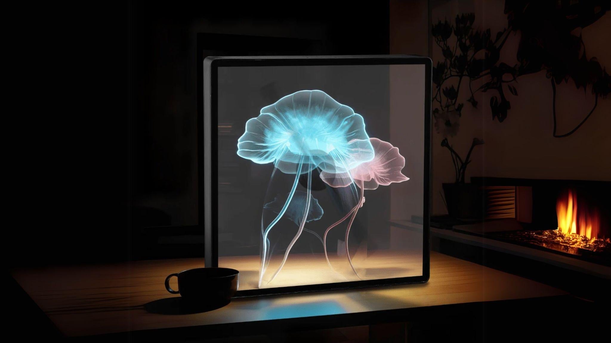 3D Hologram LED Fan With Frame projecting vivid floating jellyfish visuals in stunning 3D without glasses.