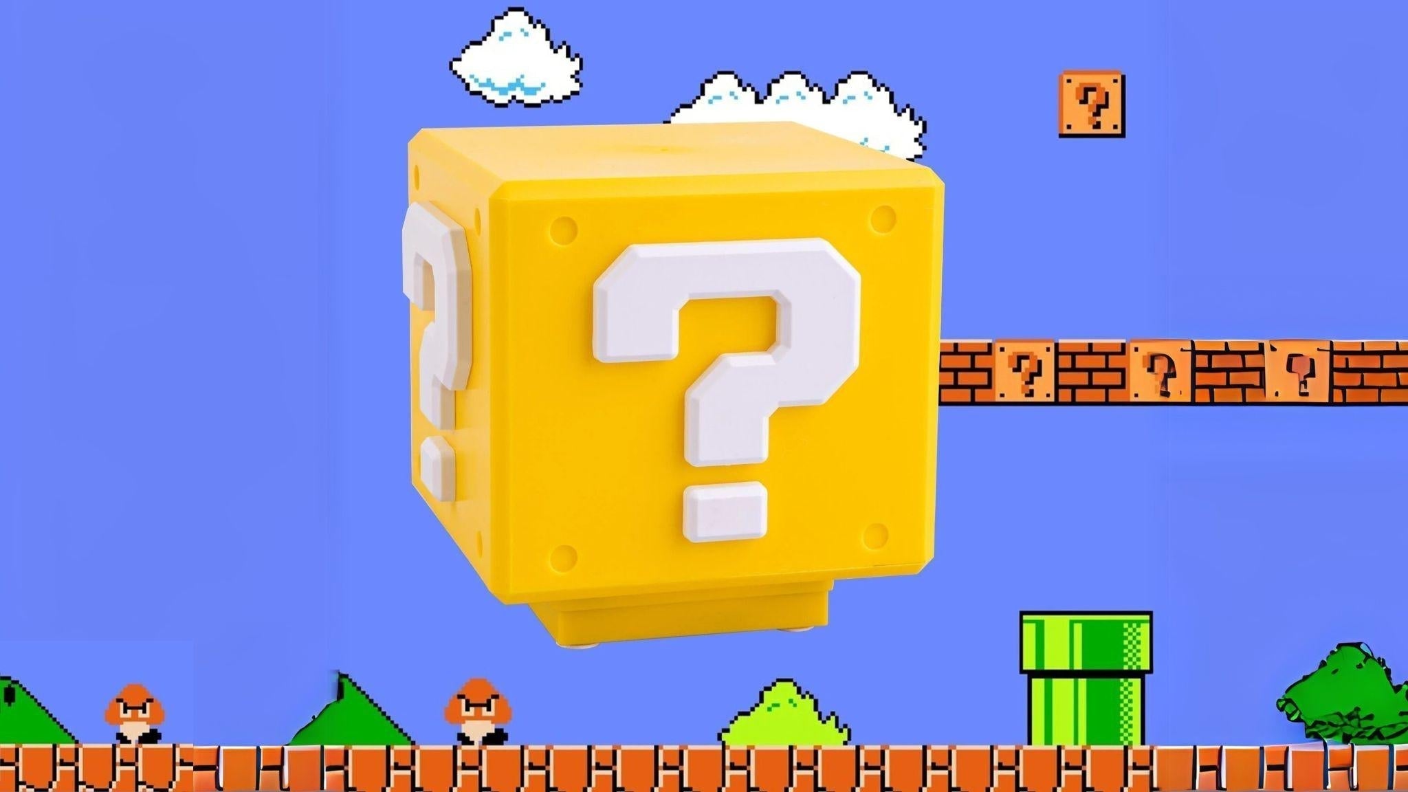 Mario Question Block Light (Sound) glowing with iconic coin sound effect, USB rechargeable retro gaming night light.