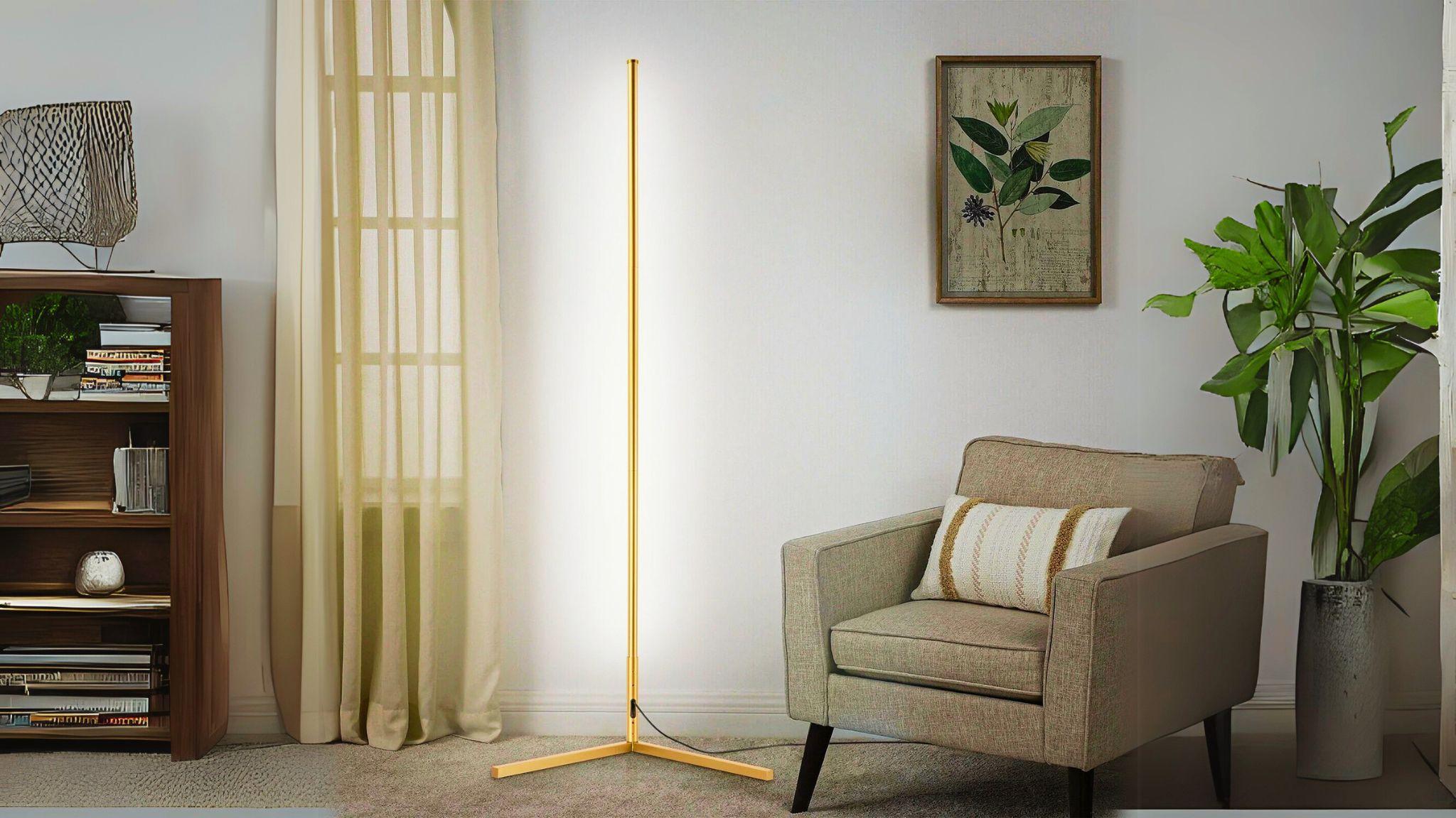 RGBCW Corner Floor Lamp - Gold sleek minimalist corner lamp with remote for customizable multi-color LED lighting.