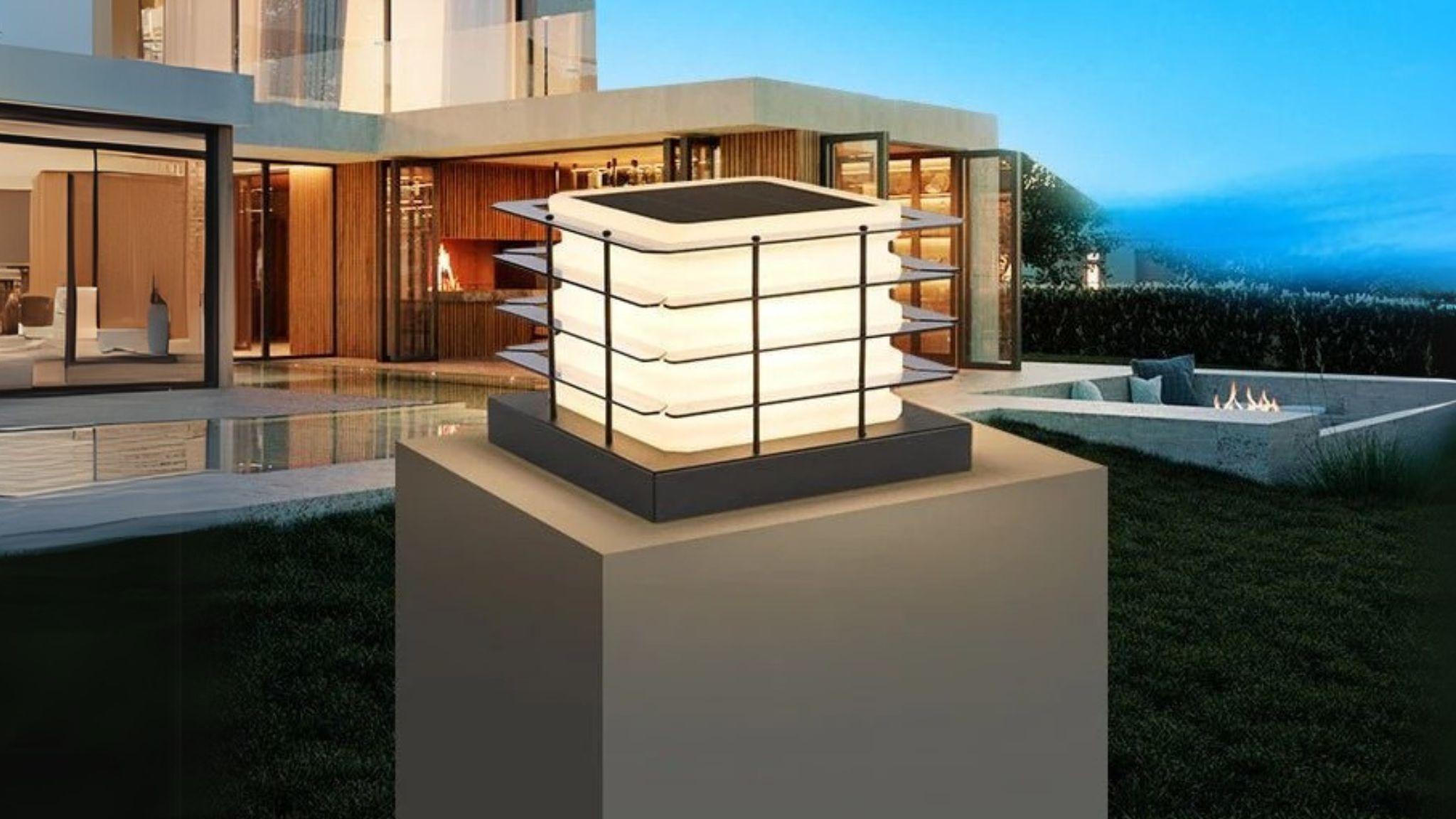 Outdoor Solar Fence Post Cap Lights glowing on modern garden post, eco-friendly and dimmable illumination.