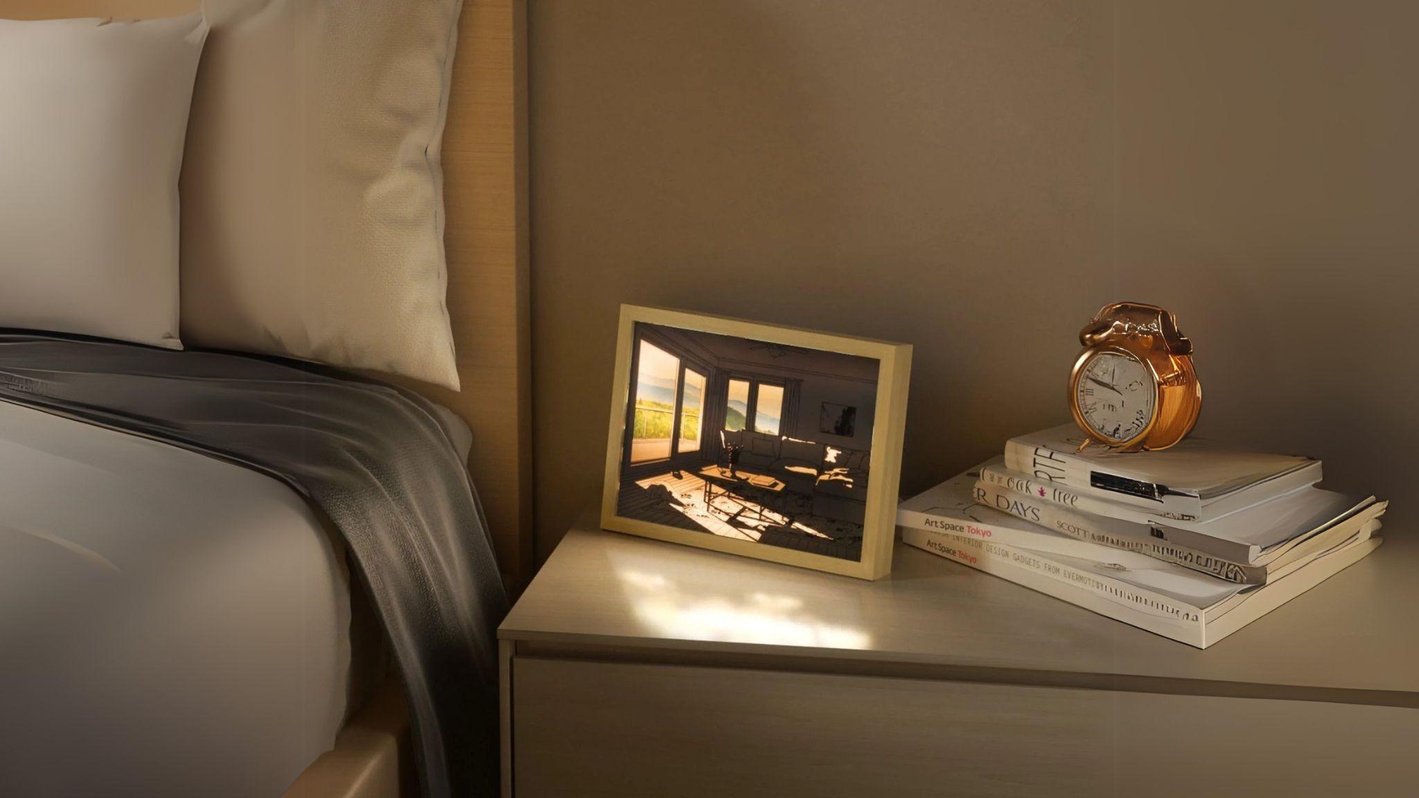 Decorative LED Paintings, Wall Lights, Table Decor showing glowing acrylic artwork on bedside table in warm room light.