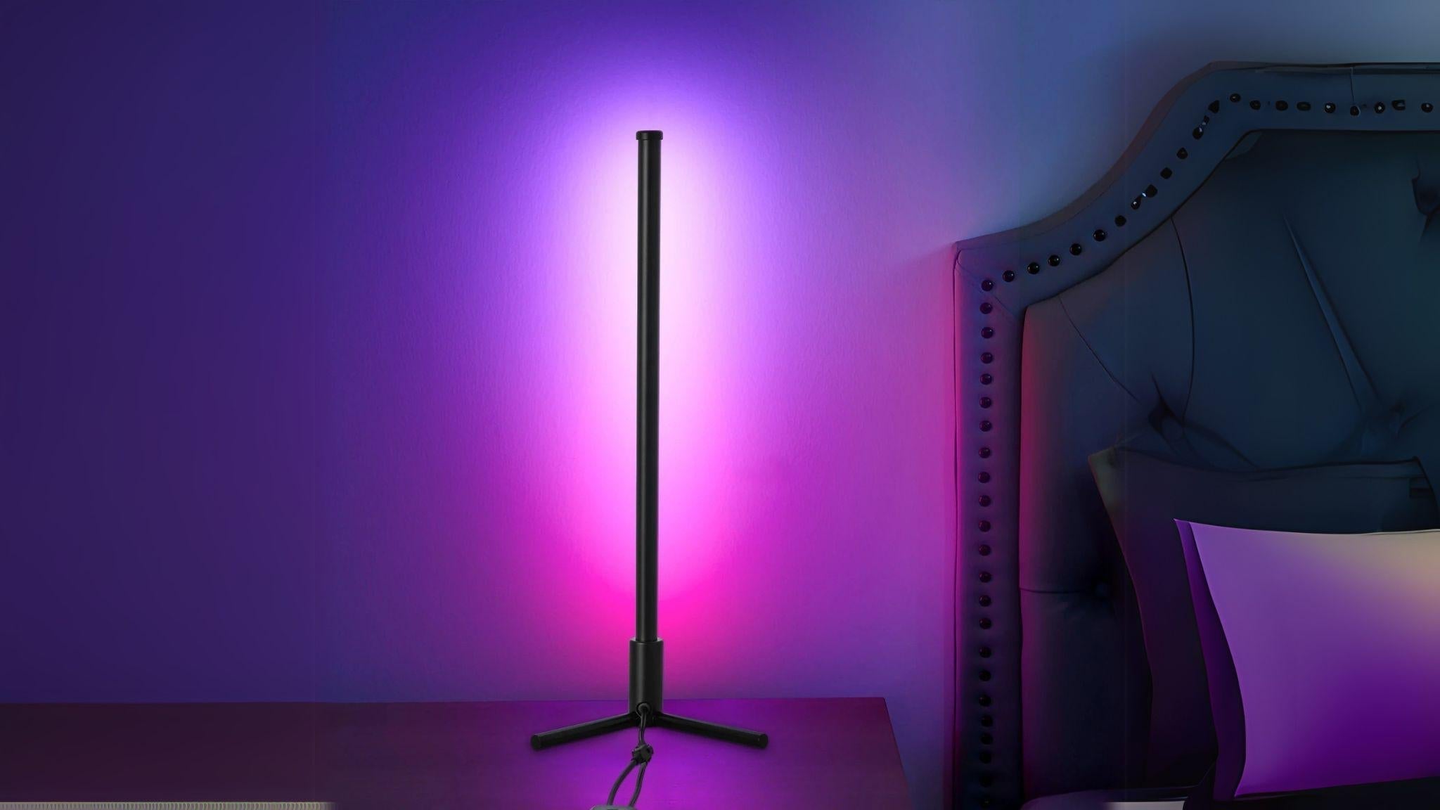 RGBCW Corner Table Lamp - Black with customizable RGB lighting, sleek design, perfect for modern home or office corners.
