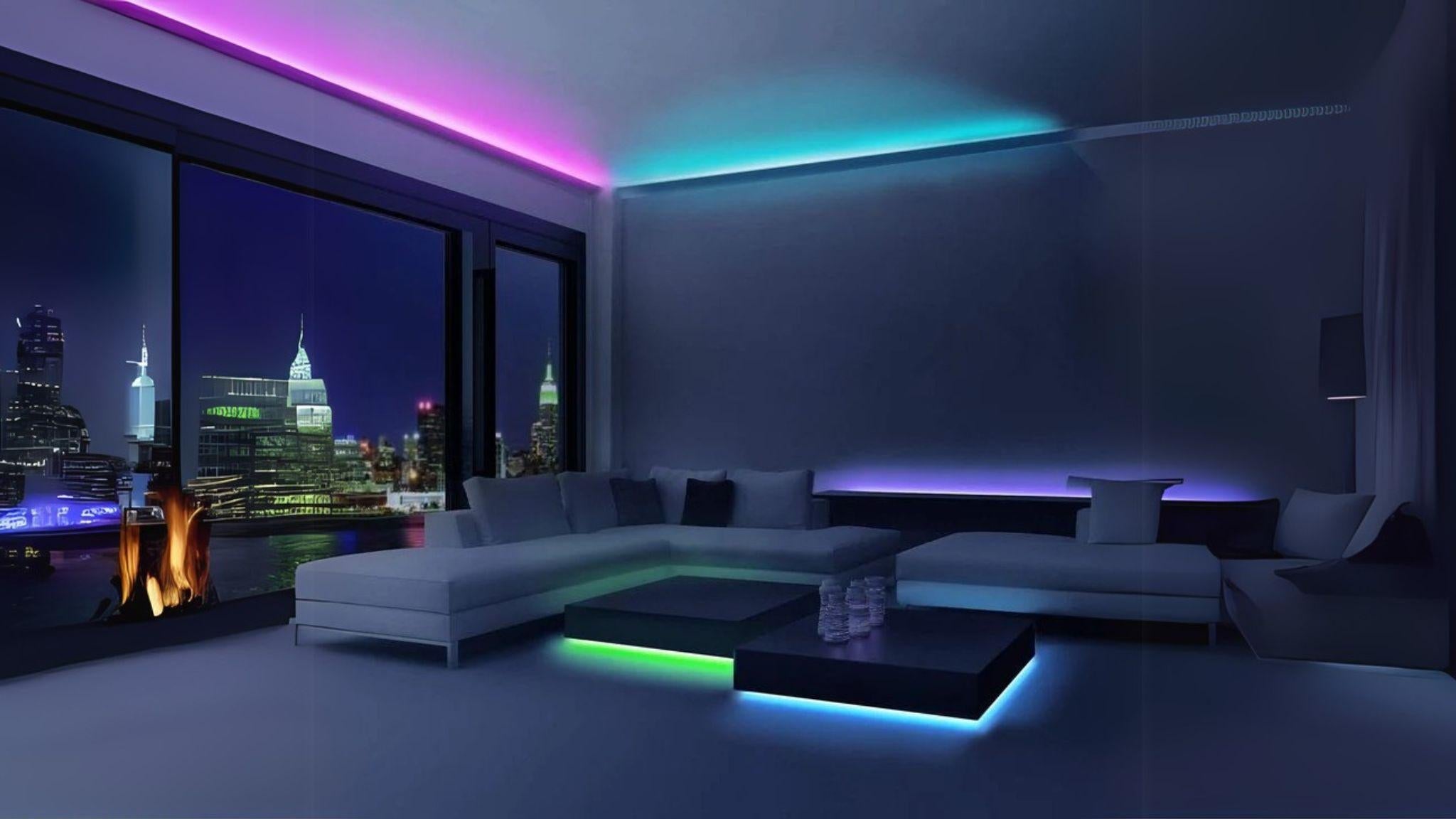 65 ft. RGB Smart LED Strip Lights installed in a modern living room creating vibrant, customizable mood lighting.
