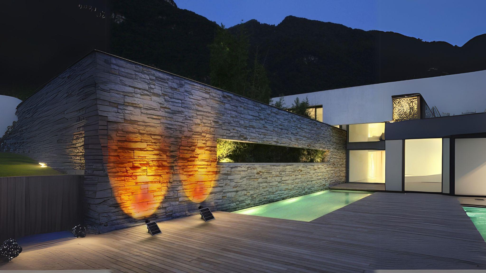 Solar Power Outdoor Sunset Projector Light casting warm sunset glow on wall, solar-powered, waterproof, perfect for outdoor ambiance.