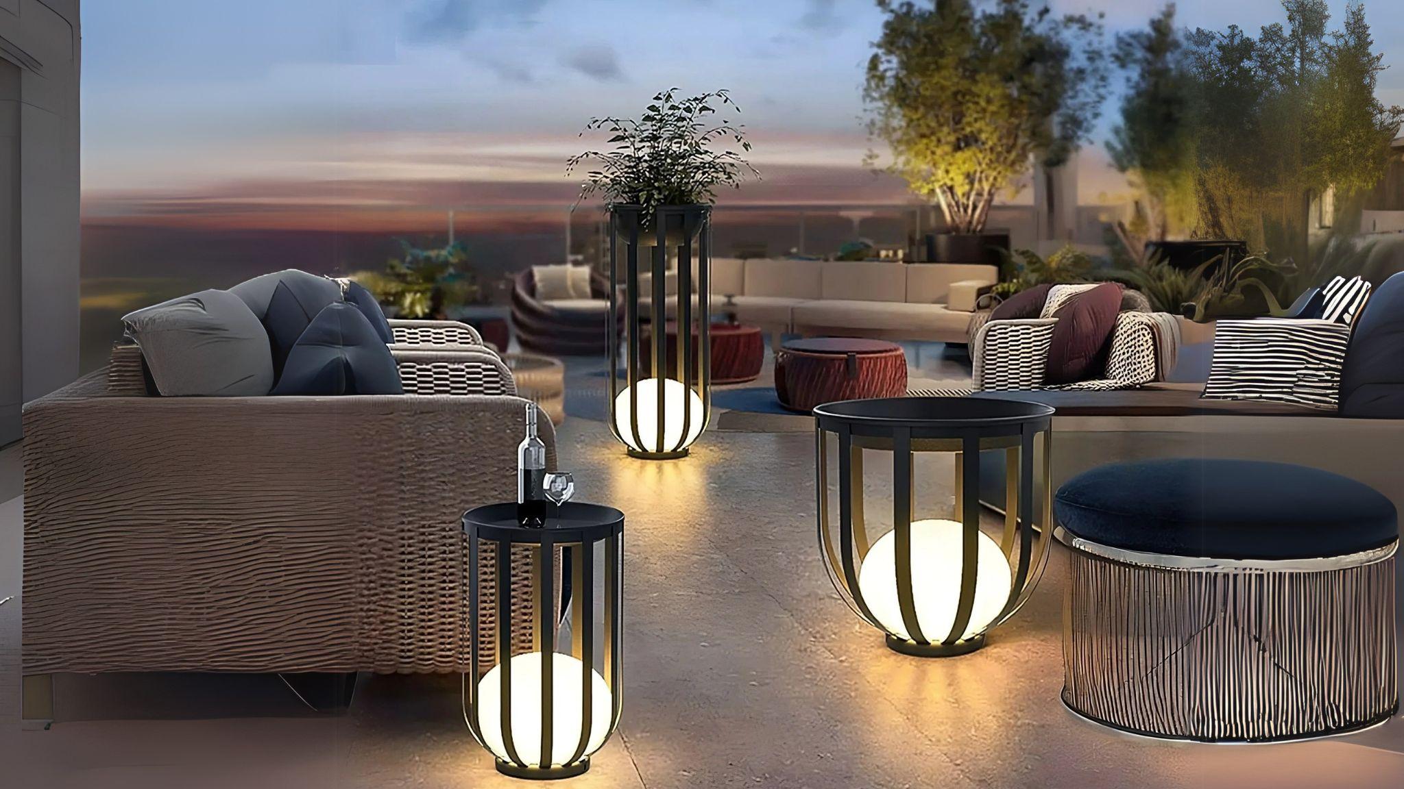 Outdoor Solar Power LED Plant Stand illuminating a stylish outdoor patio with warm solar lighting and plant display.