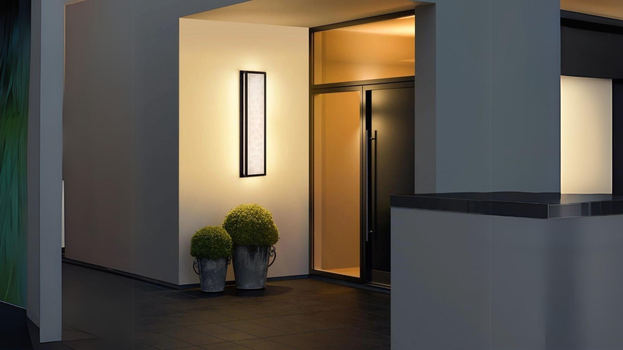 Waterproof Marble Front Porch Light Exterior Wall Sconce illuminating modern entryway with elegant marble-patterned shade.