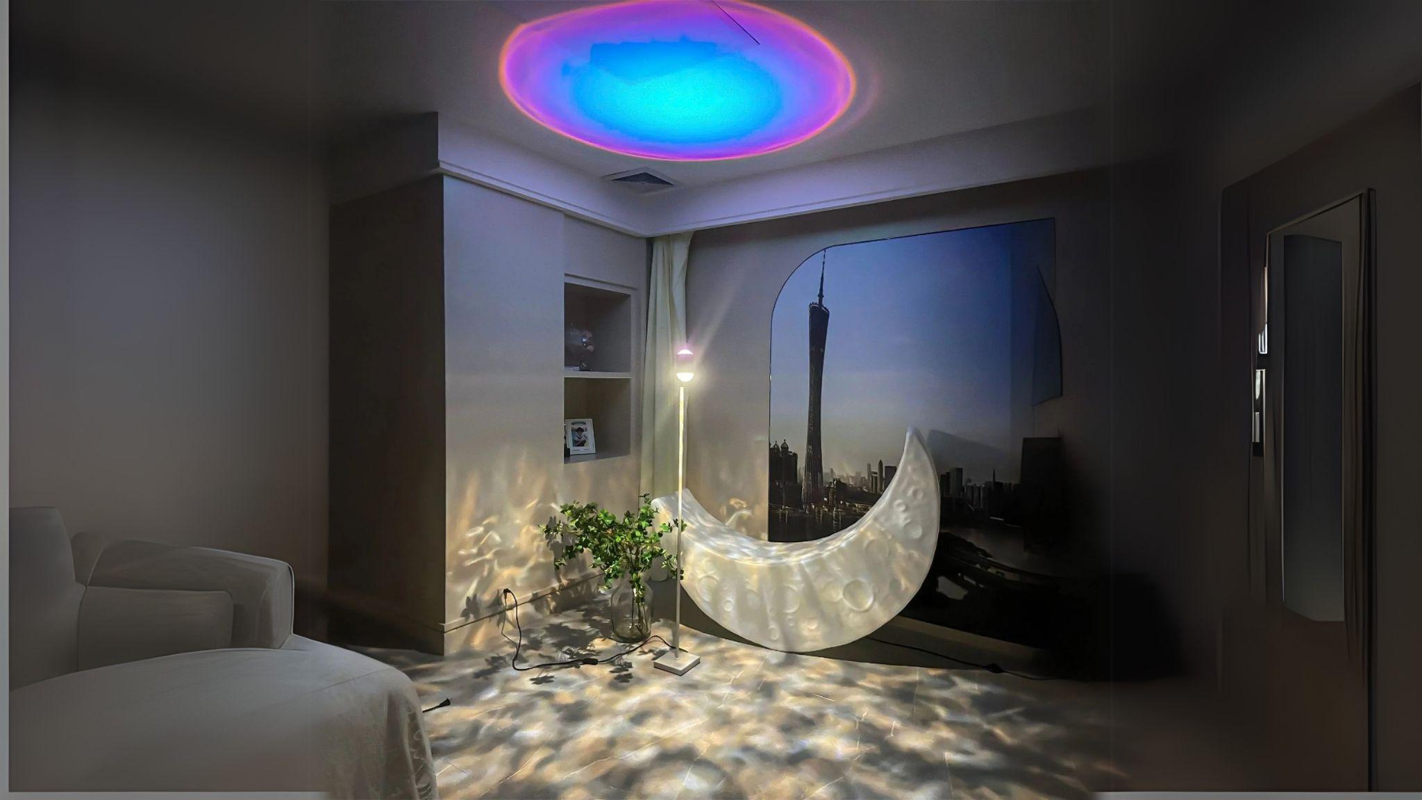 Dual Head Aurora Sunset Projector Floor Lamp casting warm sunset and water ripple effects for mood lighting.