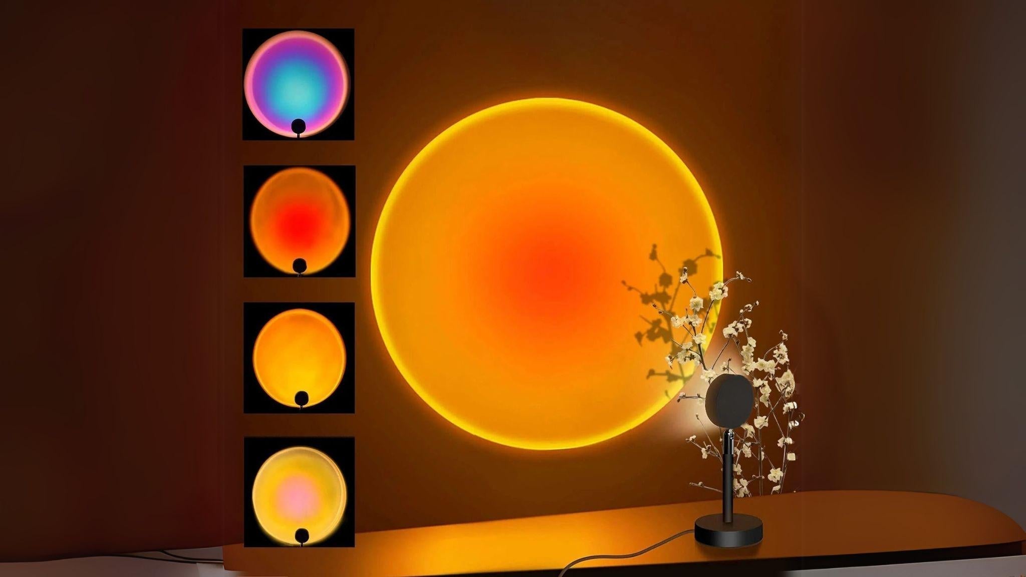 RGB Sunset Projector Lamp casting vibrant, customizable sunset hues on wall, enhancing ambiance with 16 colors and 4 effects.