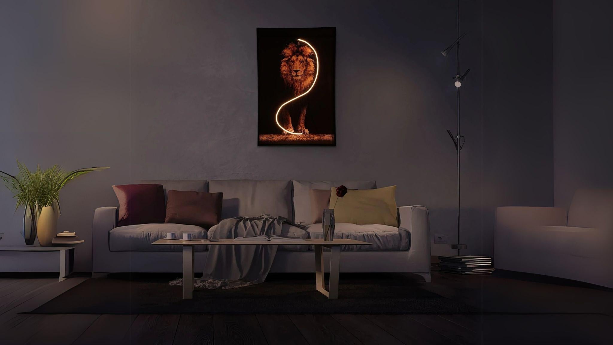 Lion Wall Art with LED Light glowing in a modern living room, adding bold energy and stylish ambiance.