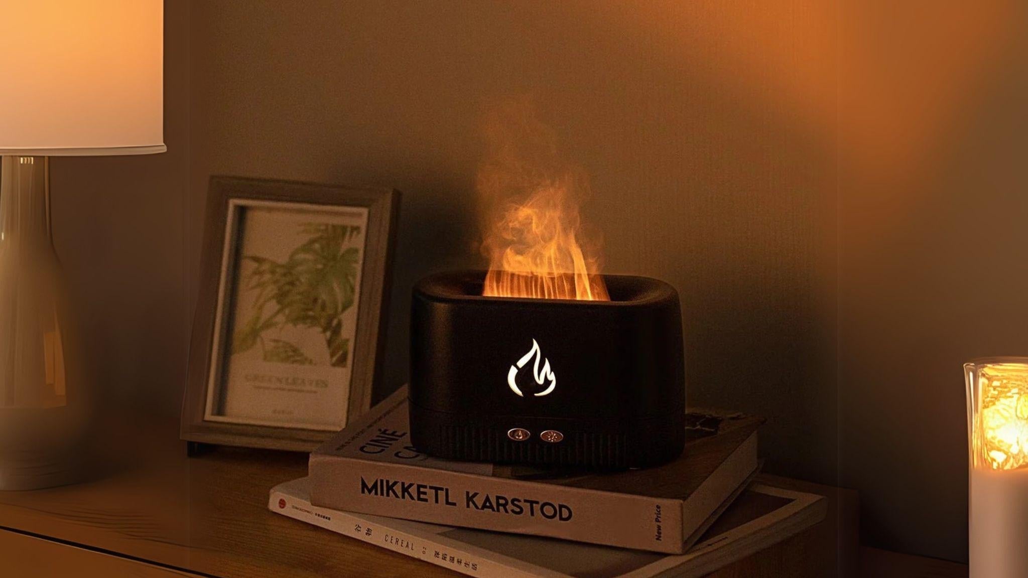 Portable Flame Diffuser & Humidifier with LED flame, ultrasonic mist, and essential oil aroma for cozy, relaxing ambiance.