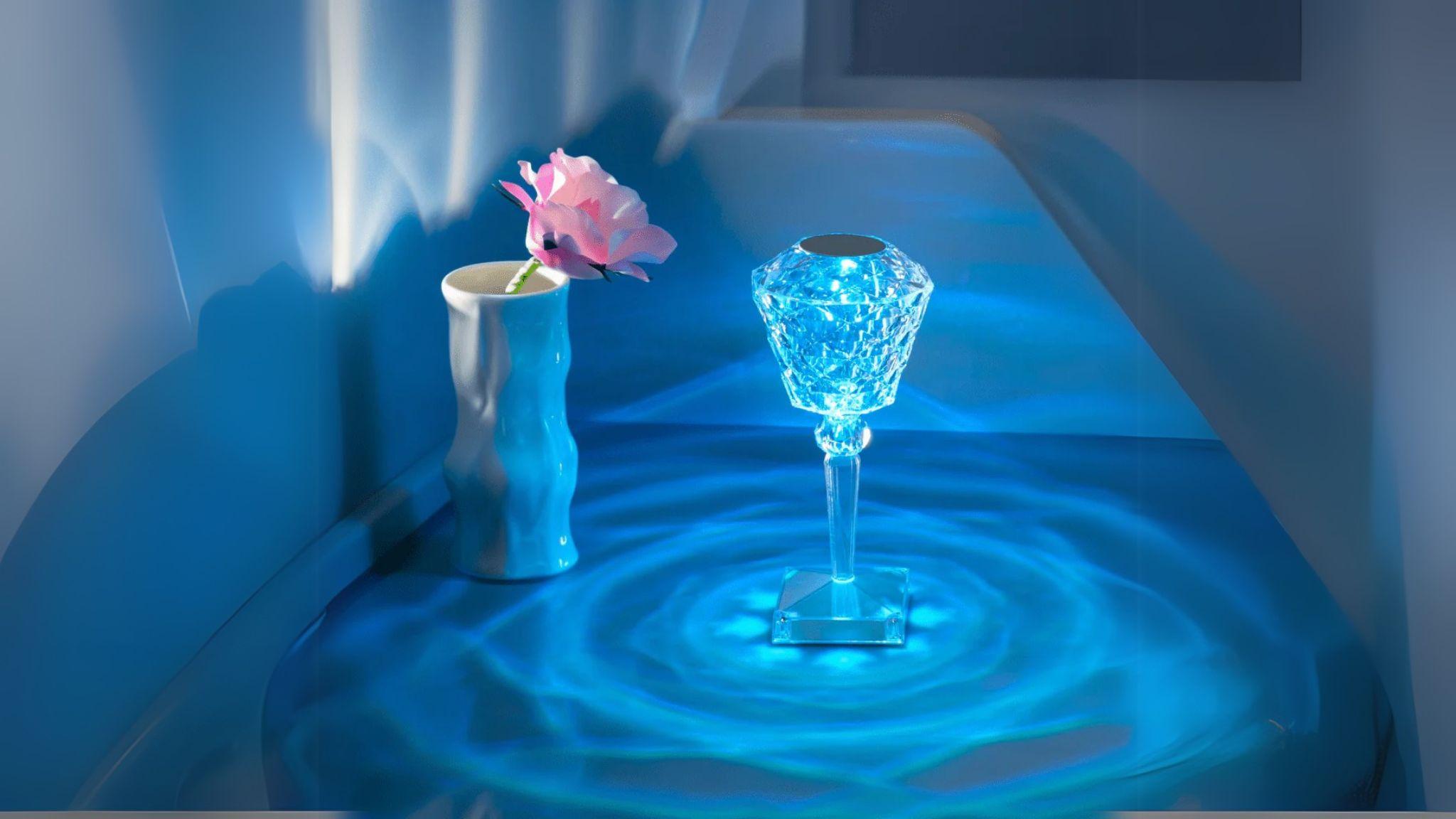 Crystal Rose Lamp (RGB) glowing blue with intricate rose patterns, perfect for romantic and elegant mood lighting.
