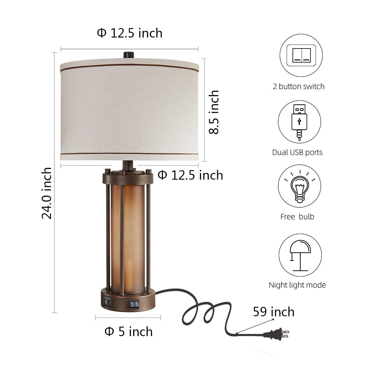 25" Lamp Set with Night Light & USB Ports - XENTAR