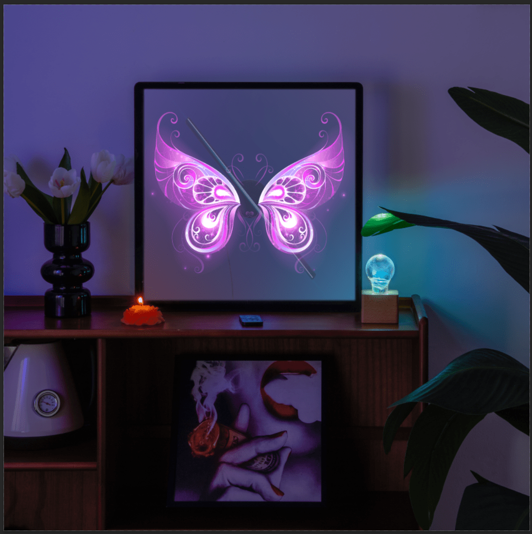 3D Hologram LED Fan With Frame projecting vibrant pink butterfly hologram, perfect for stunning visual displays.
