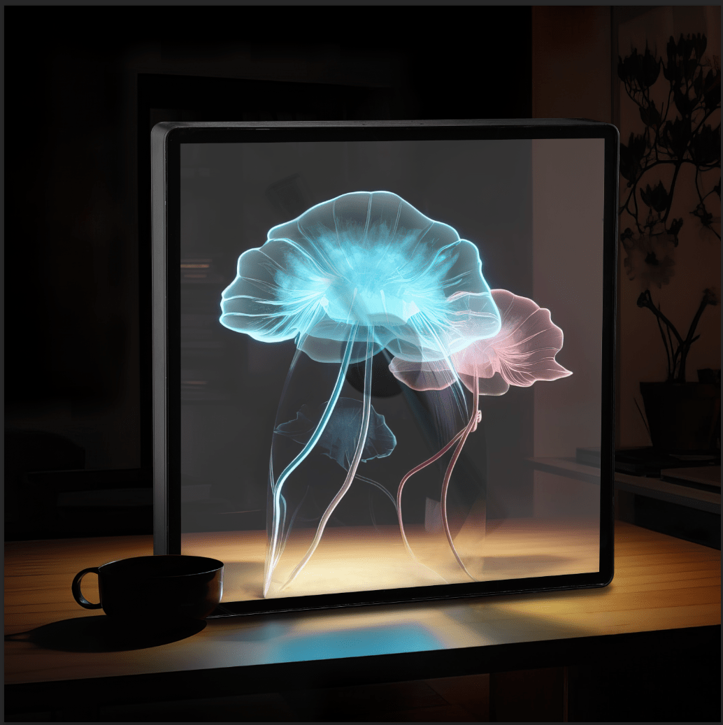 3D Hologram Projection Light displaying a vibrant, futuristic jellyfish hologram on a sleek display frame.