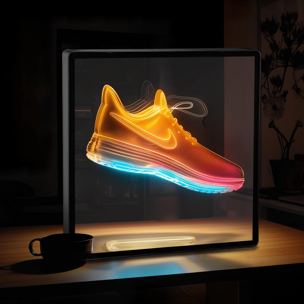 3D Hologram Projection Light displaying a vibrant, glowing shoe hologram for captivating visual presentations.