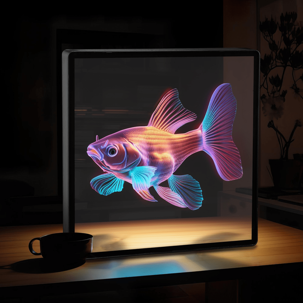 3D Hologram Projection Light displaying a vibrant fish hologram, perfect for captivating advertising and entertainment.