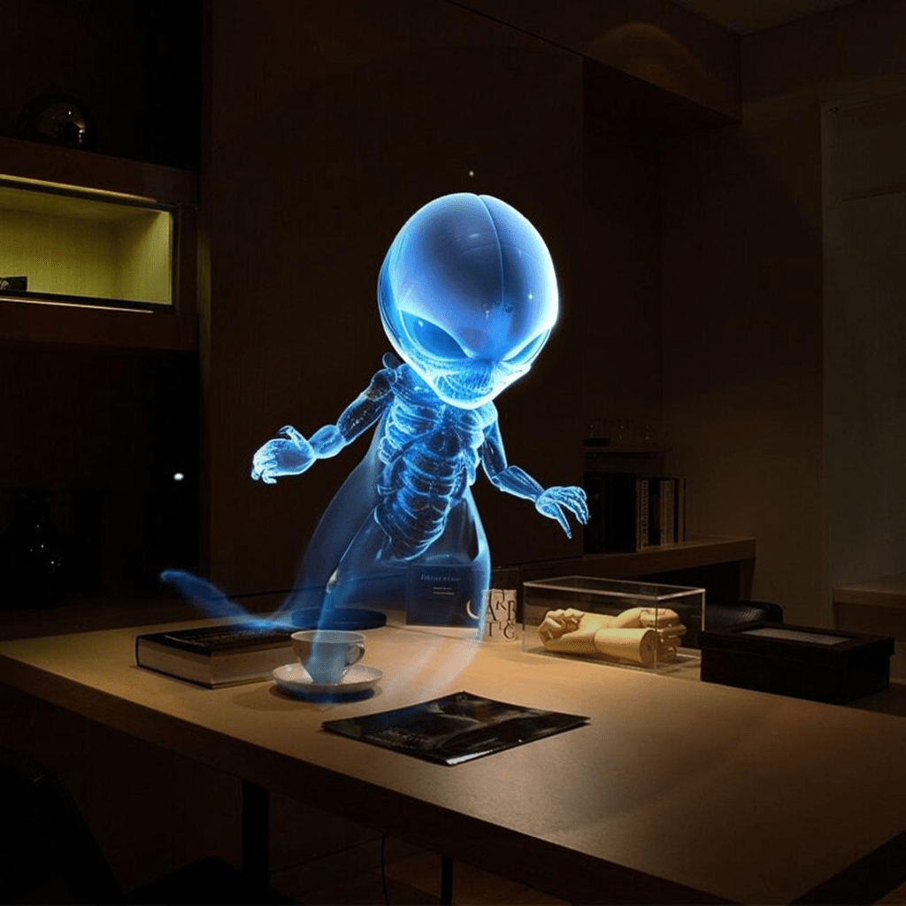 3D Hologram Projection Light displaying a striking blue sci-fi hologram figure in a modern dark room setting.