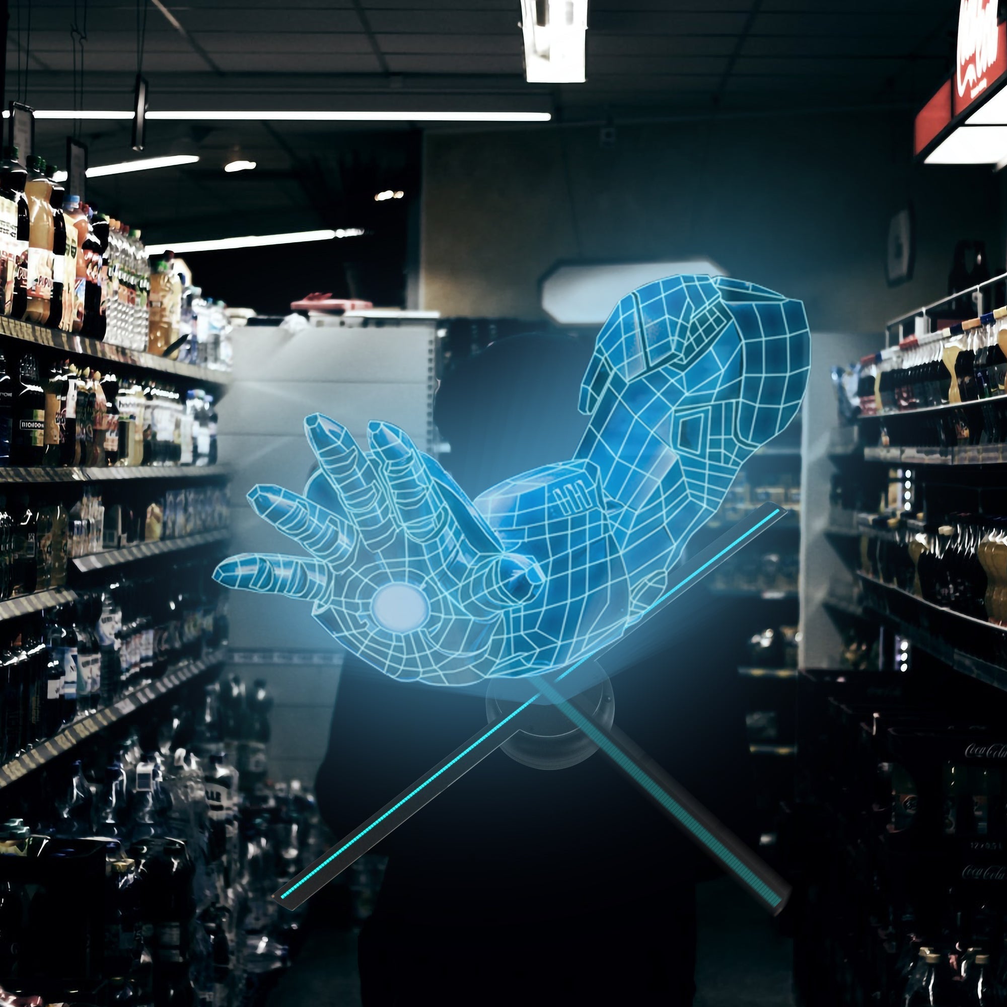 3D Hologram Projection Light displaying a striking blue 3D arm hologram in a retail store setting.