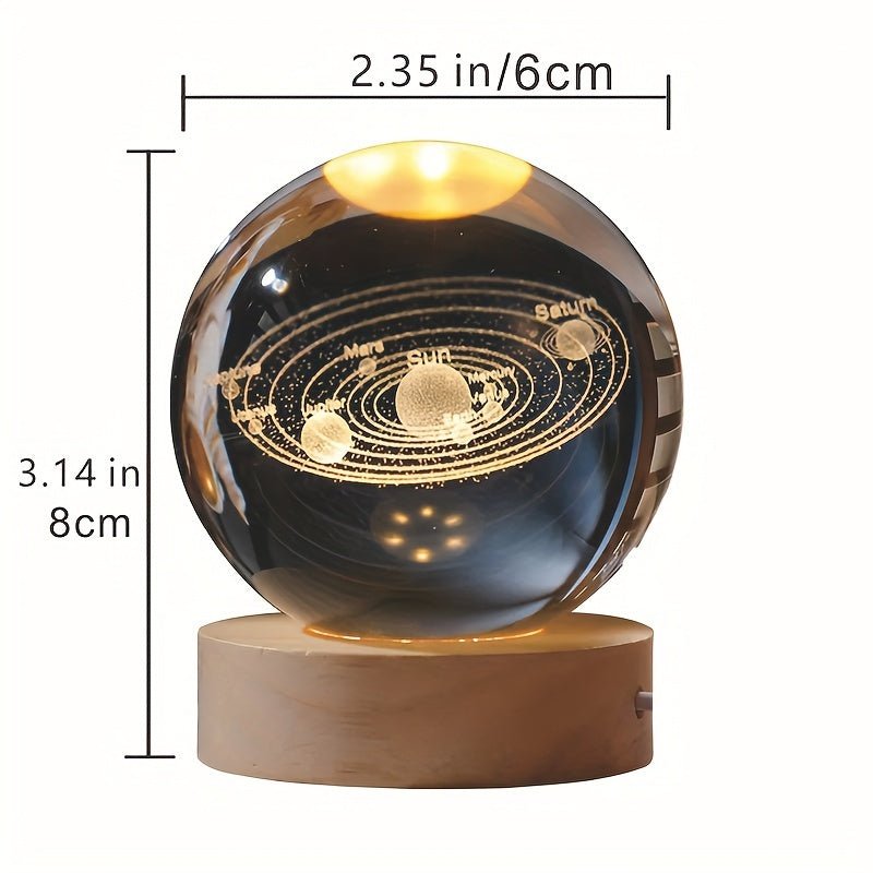 3D Solar System Crystal Ball Light with laser-etched planets and wooden base, a unique space-inspired nightlight.
