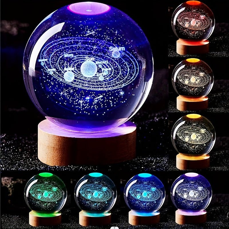 3D Solar System Crystal Ball Light with laser-etched planets and vibrant RGB colors, perfect space decor and nightlight.
