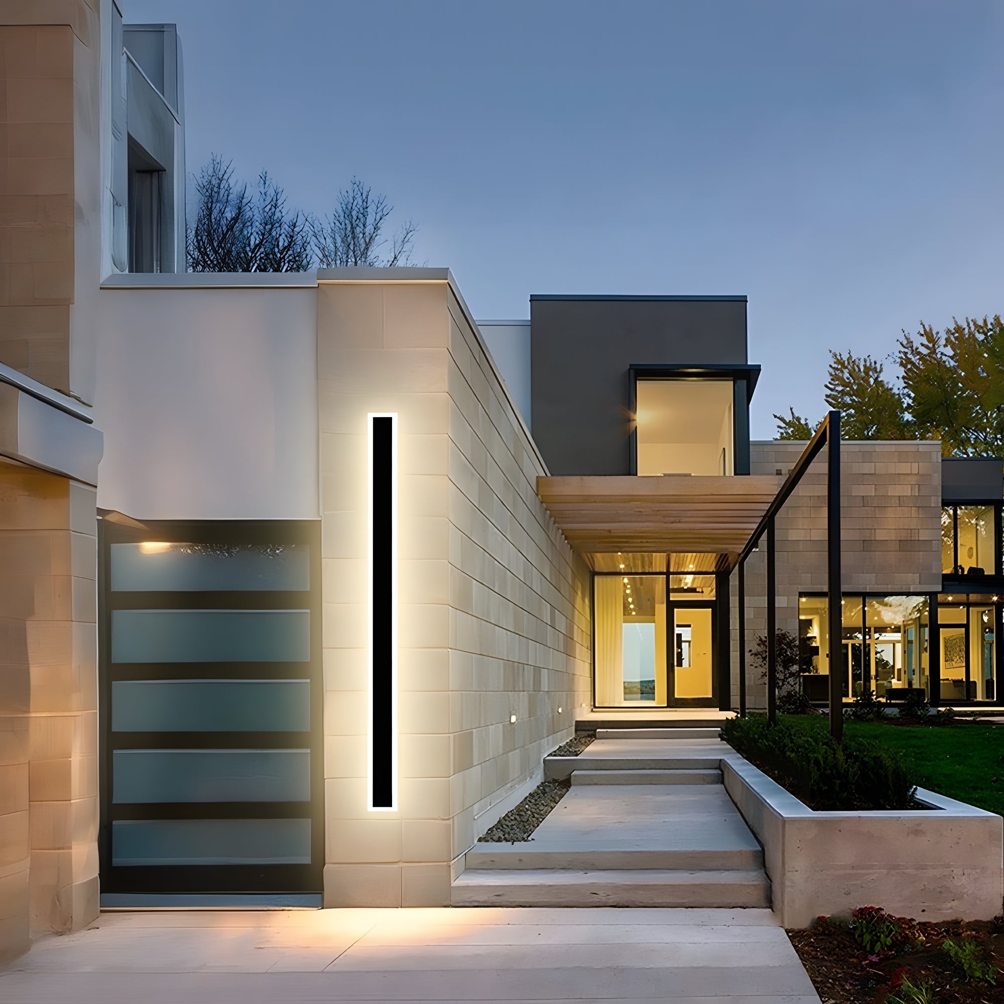 40” RGBW Frame Wall Light, 2 Pack illuminating modern outdoor wall with sleek design and weather-resistant features.