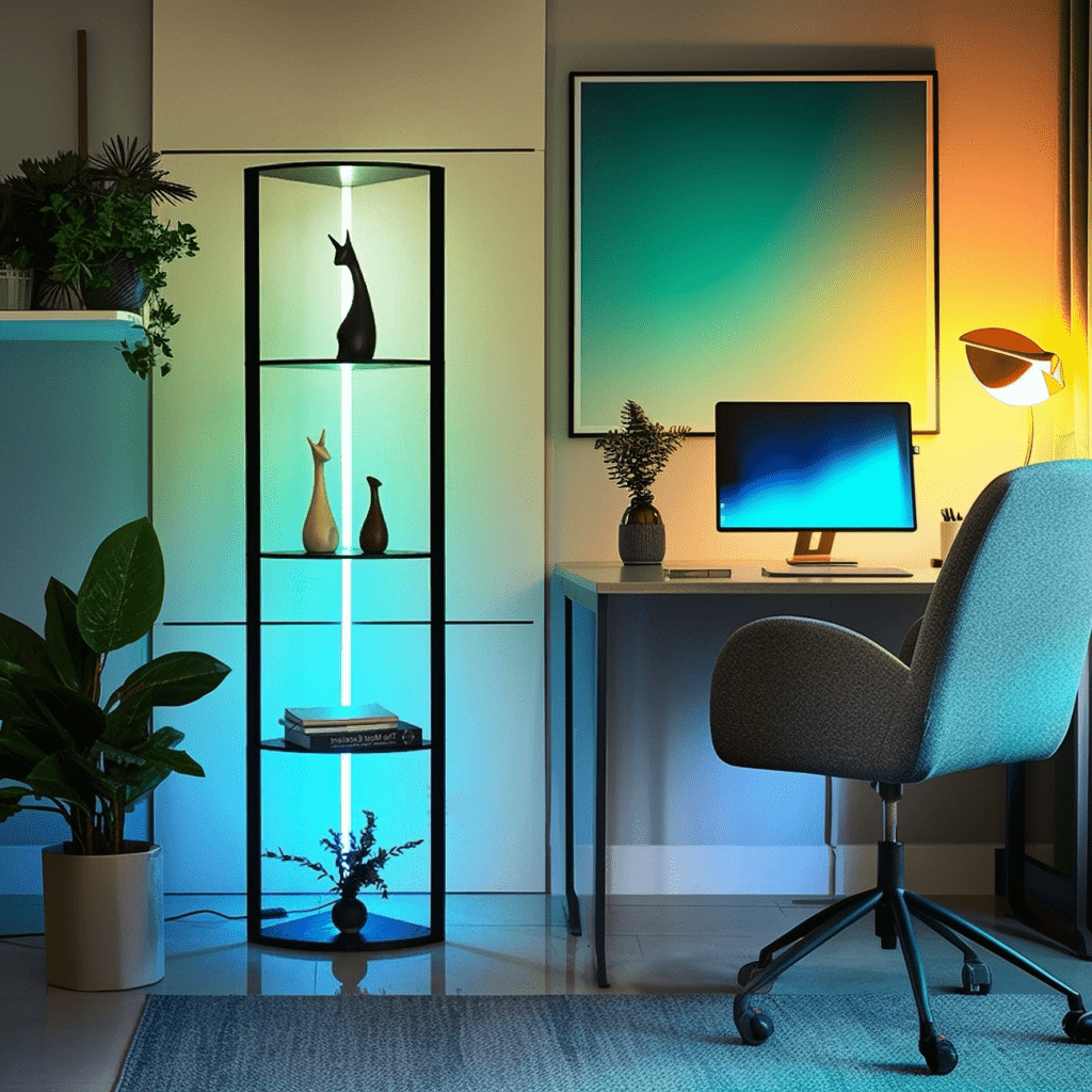 64" Corner Shelf Bookshelf with RGB LED Lights showcasing decor and books in a modern, stylish home office corner.