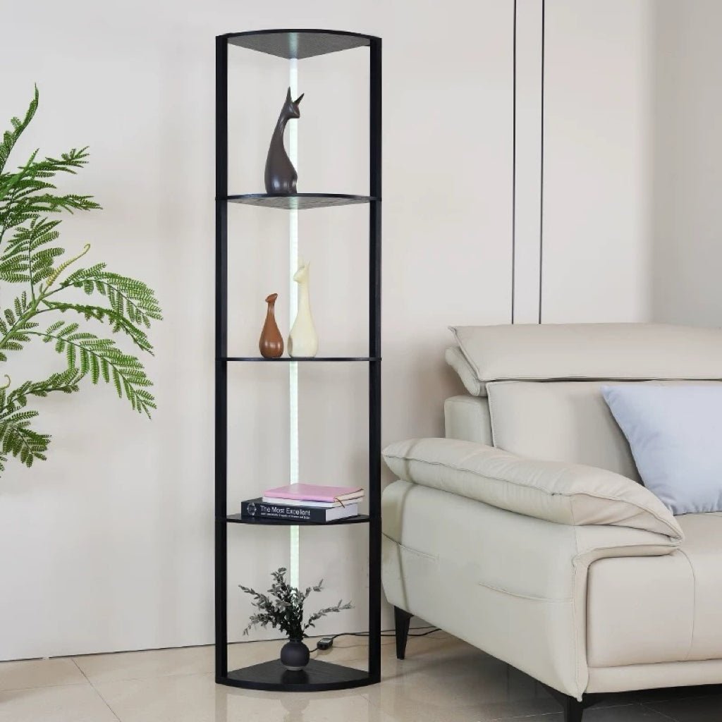 64" Corner Shelf Bookshelf with RGB LED Lights in a modern living room corner with decorative items and books.