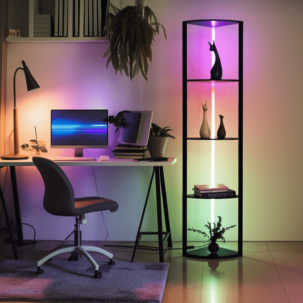 64" Corner Shelf Bookshelf with RGB LED Lights showcasing decor in a modern, ambient-lit room corner.