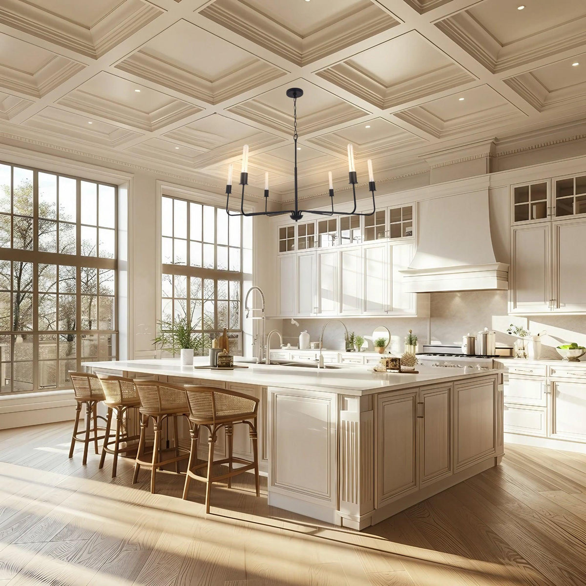 Radiant 6-Light Industrial Traditional Dimmable Chandelier hanging above kitchen island in bright modern farmhouse.