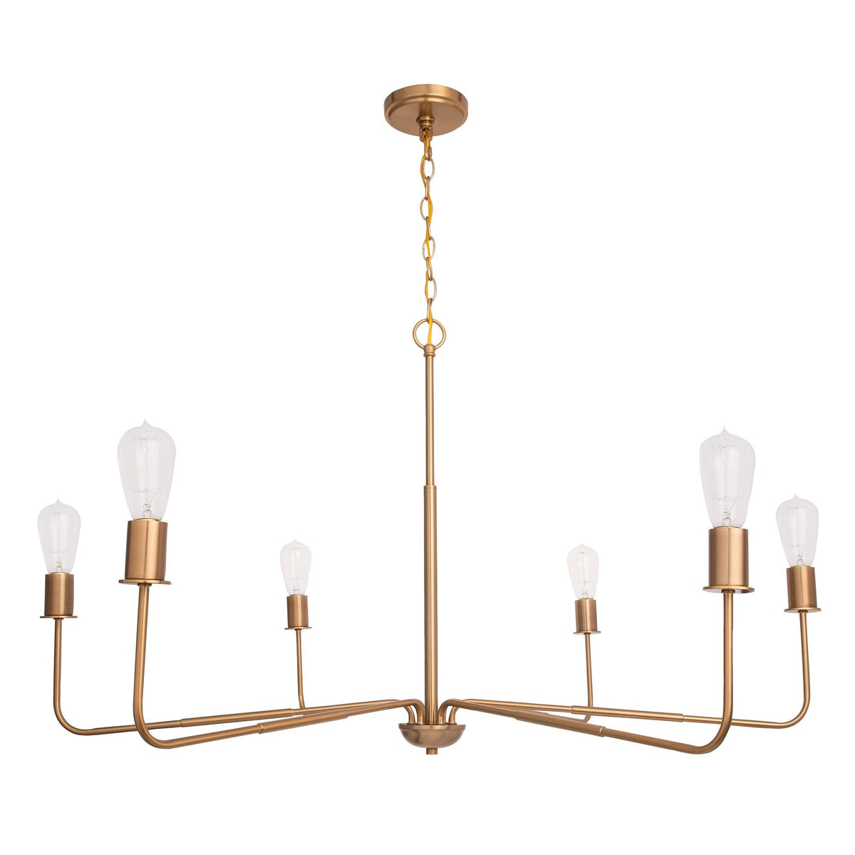 Radiant 6-Light Industrial Traditional Dimmable Chandelier in gold metal finish with exposed bulbs and adjustable hanging height.