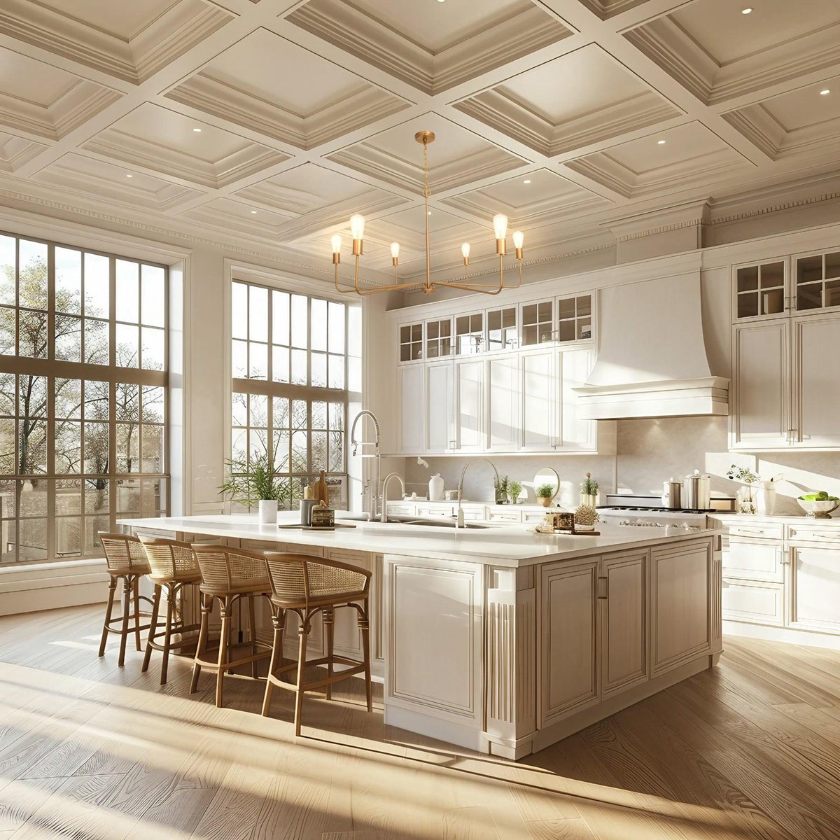 Radiant 6-Light Industrial Traditional Dimmable Chandelier in a bright, modern kitchen with large windows and island seating.