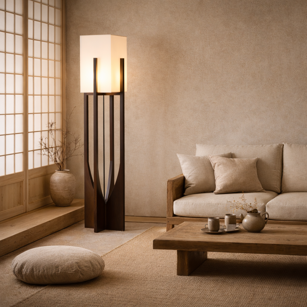 Minimalist Japanese Zen Floor Lamp, Solid Wood Standing Lamp with Soft Fabric Shade