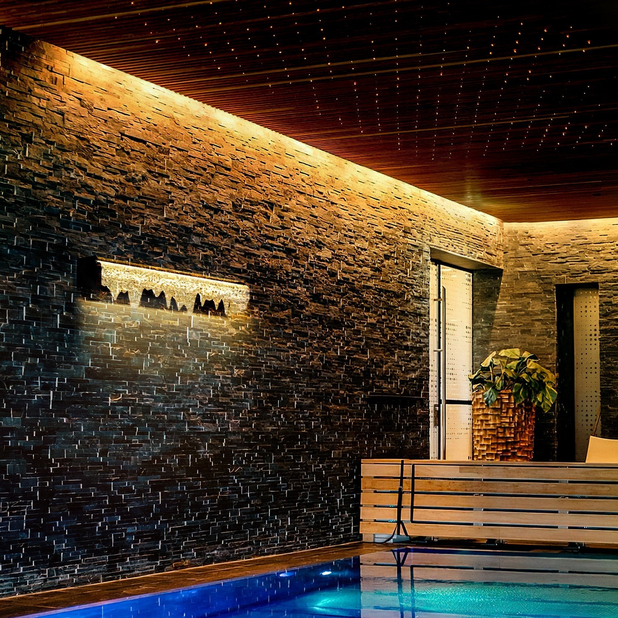 Acrylic Waterfall Outdoor Light casting soft, elegant cascade lighting enhancing the modern outdoor wall and pool area ambiance.